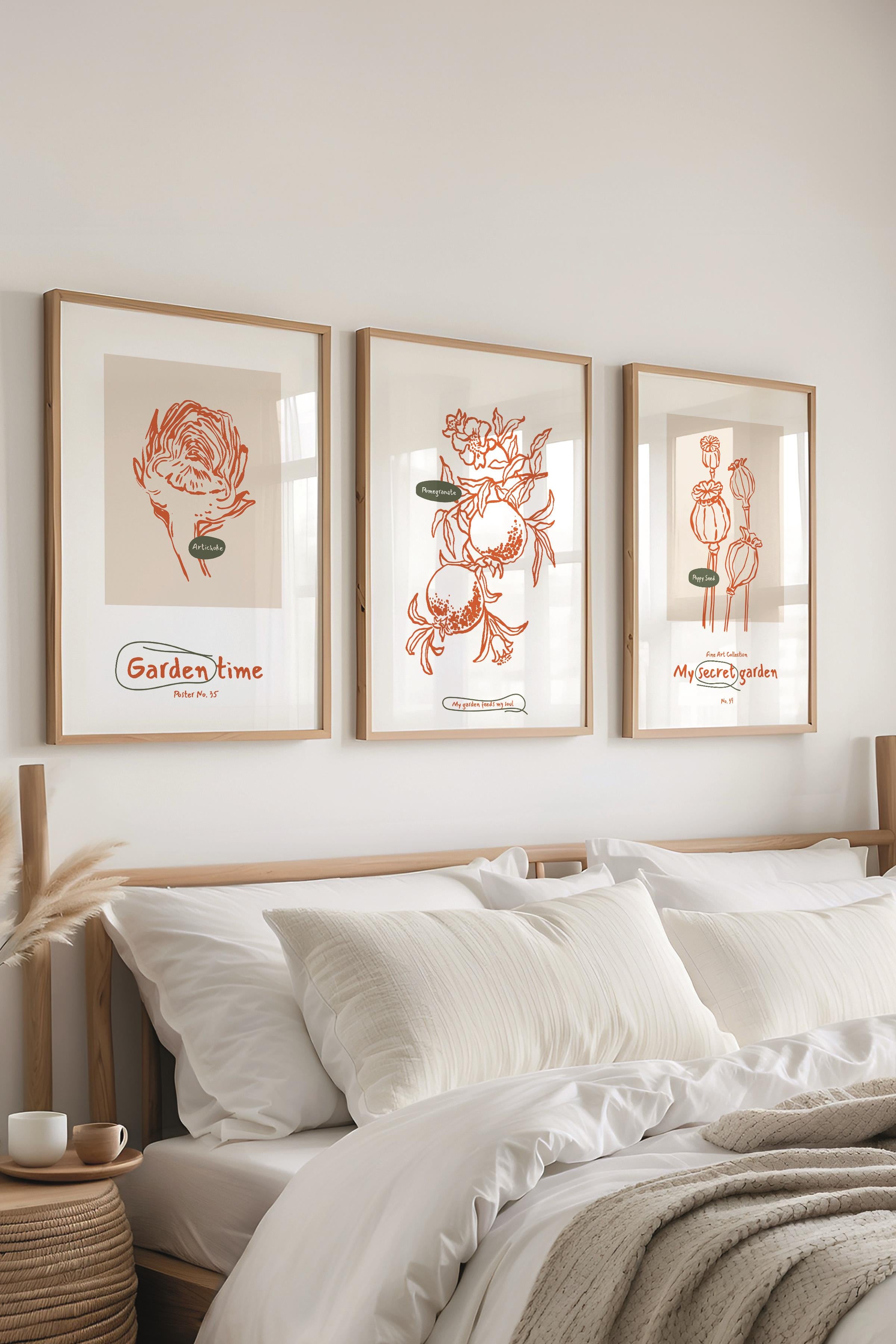 Çerçeveli Tablo Seti, 3 Adet Ahşap Çerçeve ve Minimalist Botanik Temalı Poster Seti, No:300471