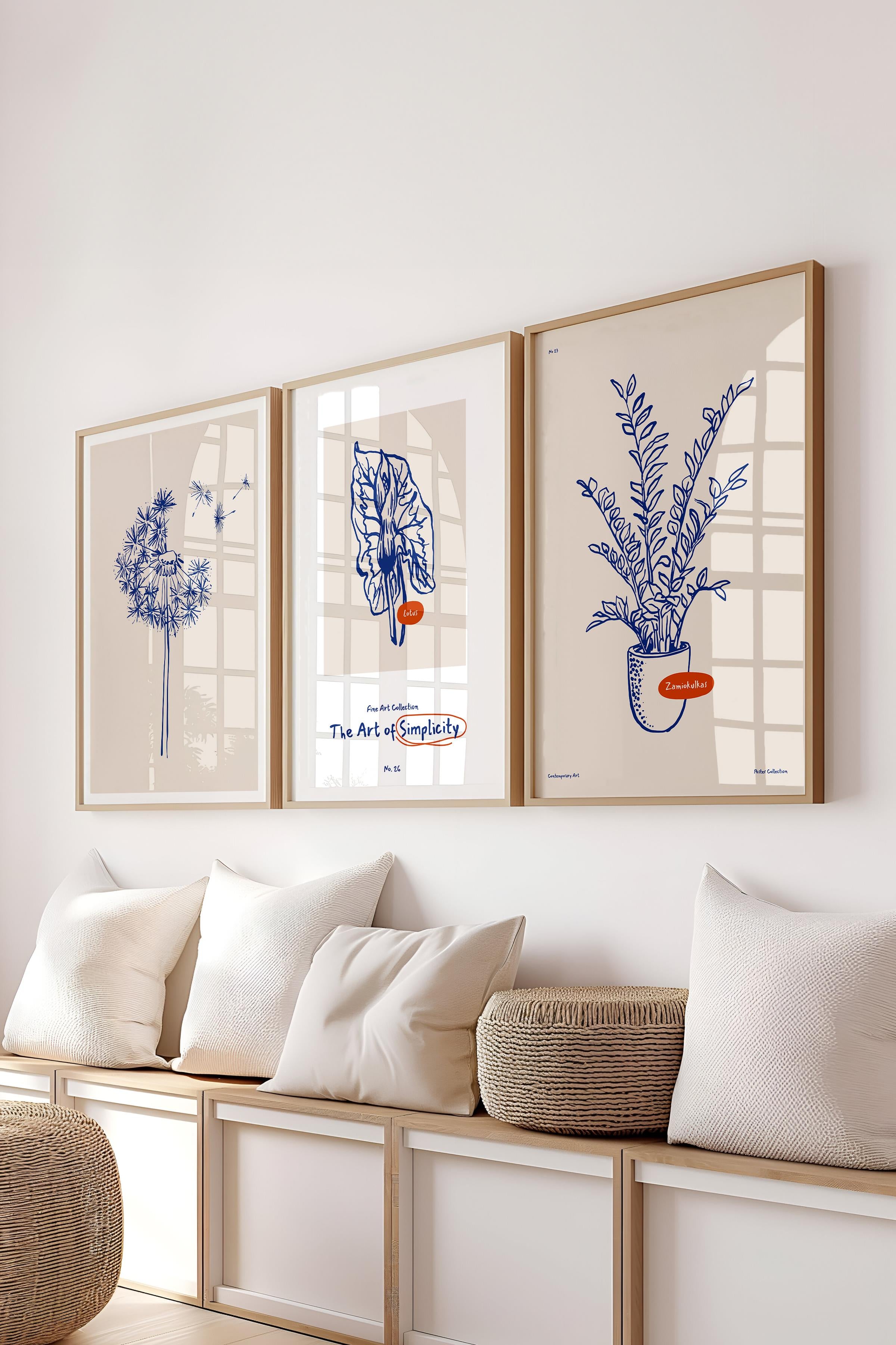 Çerçeveli Tablo Seti, 3 Adet Ahşap Çerçeve ve Minimalist Botanik Temalı Poster Seti, No:300472
