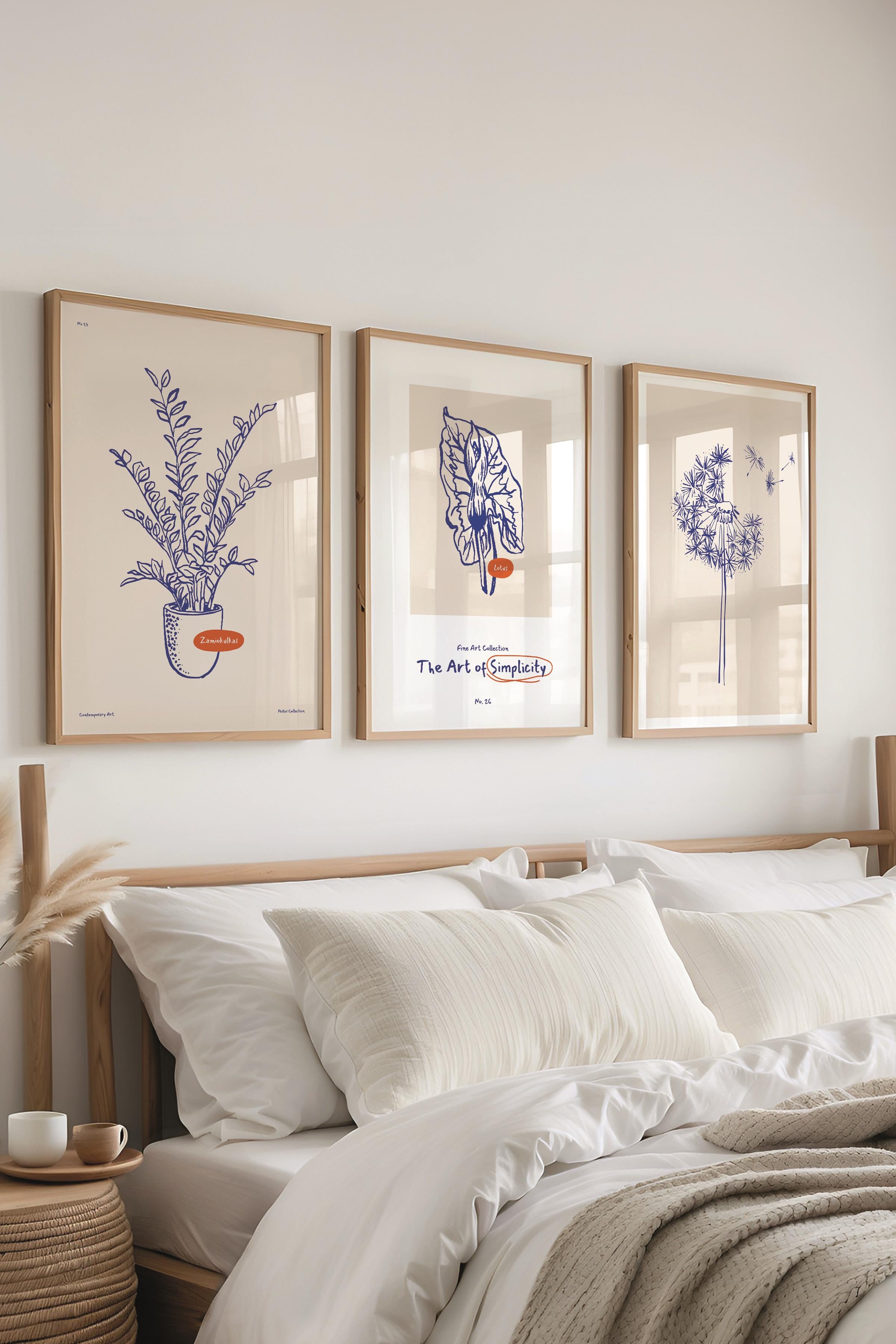 Çerçeveli Tablo Seti, 3 Adet Ahşap Çerçeve ve Minimalist Botanik Temalı Poster Seti, No:300472