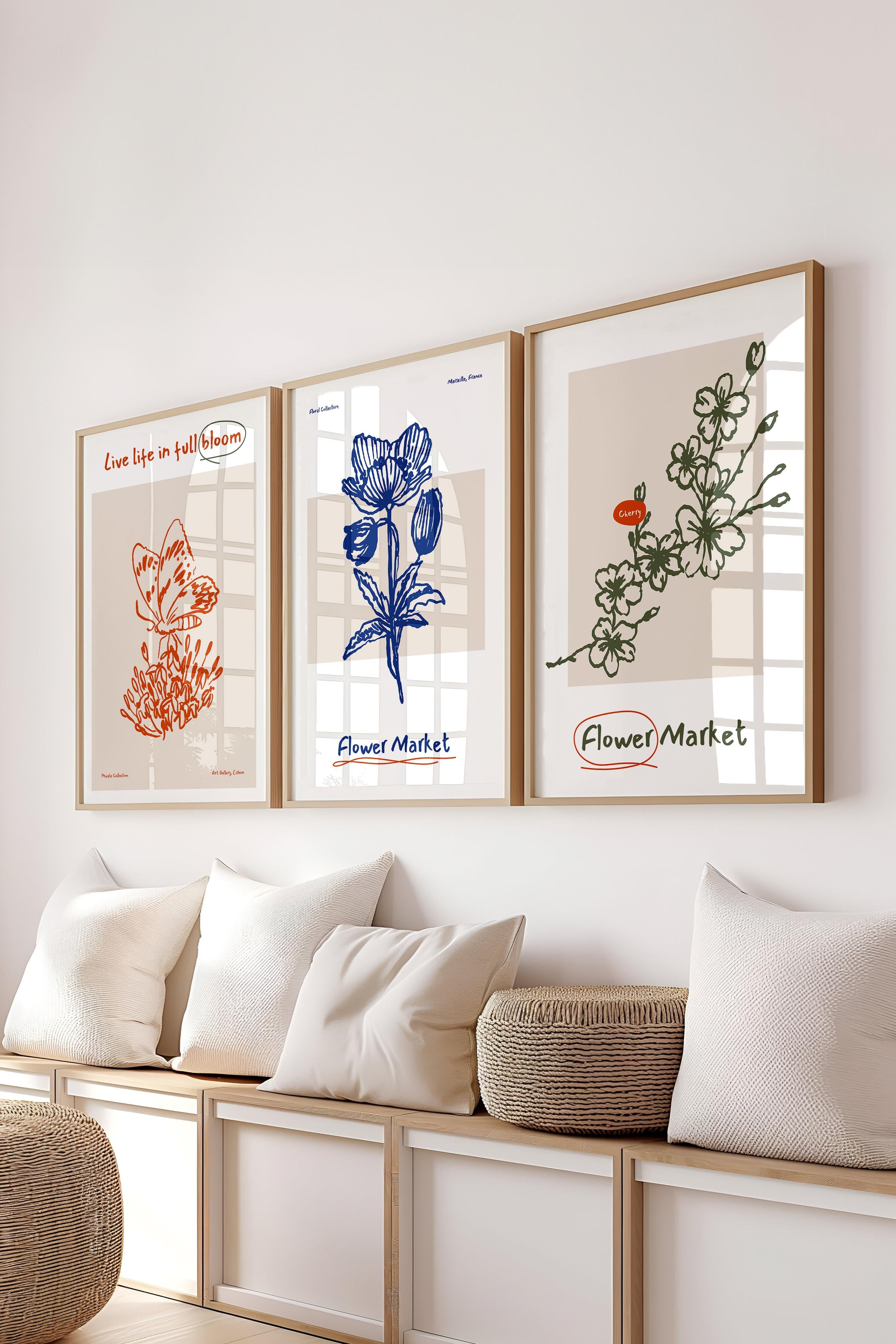 Çerçeveli Tablo Seti, 3 Adet Ahşap Çerçeve ve Minimalist Botanik Temalı Poster Seti, No:300473