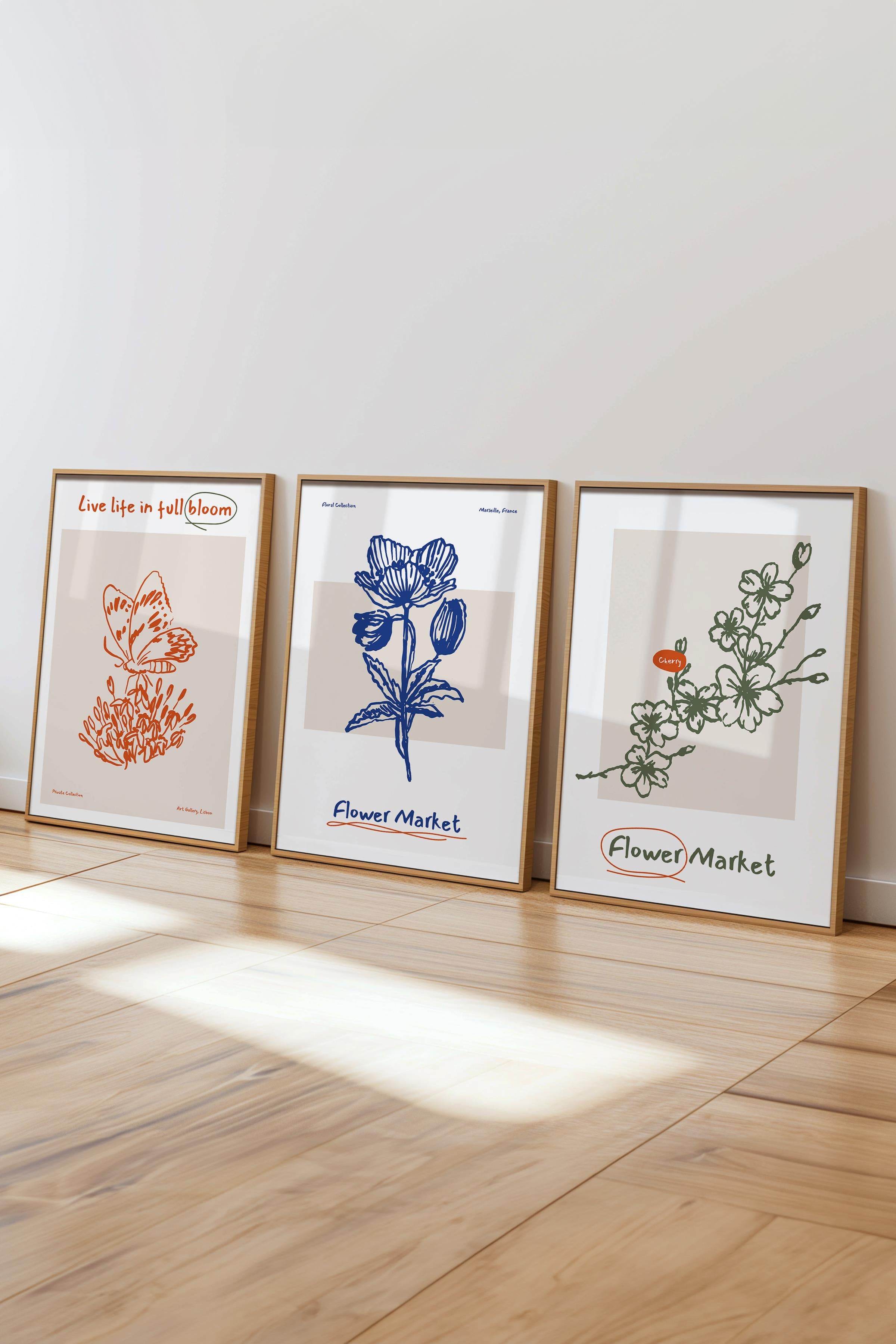 Çerçeveli Tablo Seti, 3 Adet Ahşap Çerçeve ve Minimalist Botanik Temalı Poster Seti, No:300473