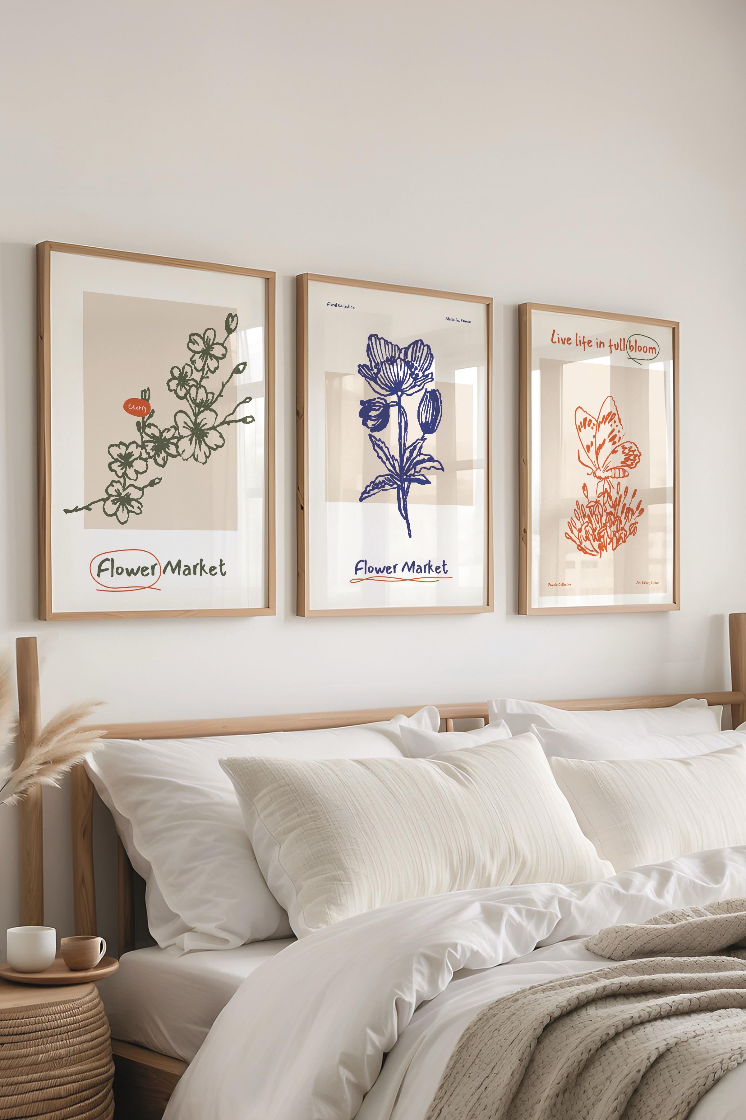 Çerçeveli Tablo Seti, 3 Adet Ahşap Çerçeve ve Minimalist Botanik Temalı Poster Seti, No:300473