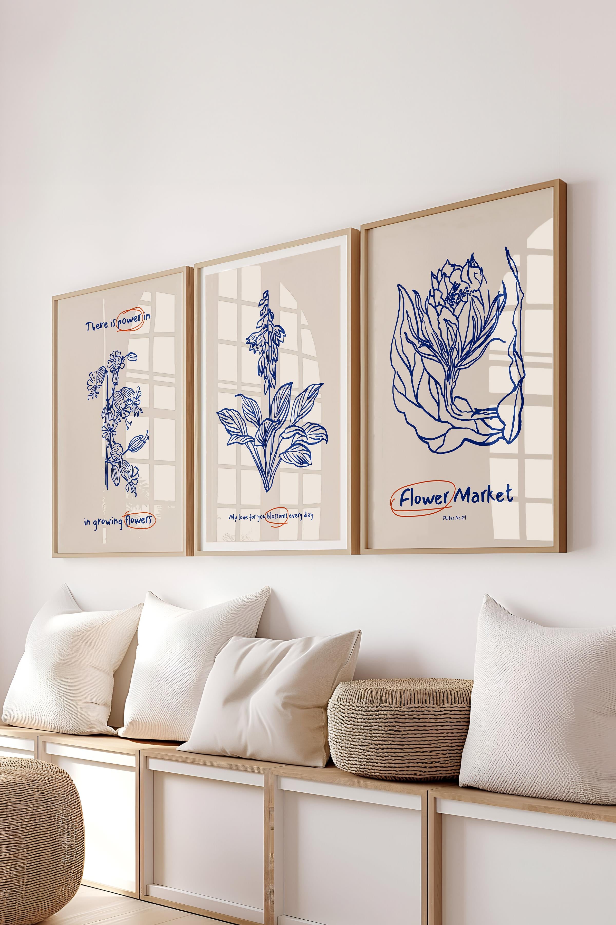 Çerçeveli Tablo Seti, 3 Adet Ahşap Çerçeve ve Minimalist Botanik Temalı Poster Seti, No:300474