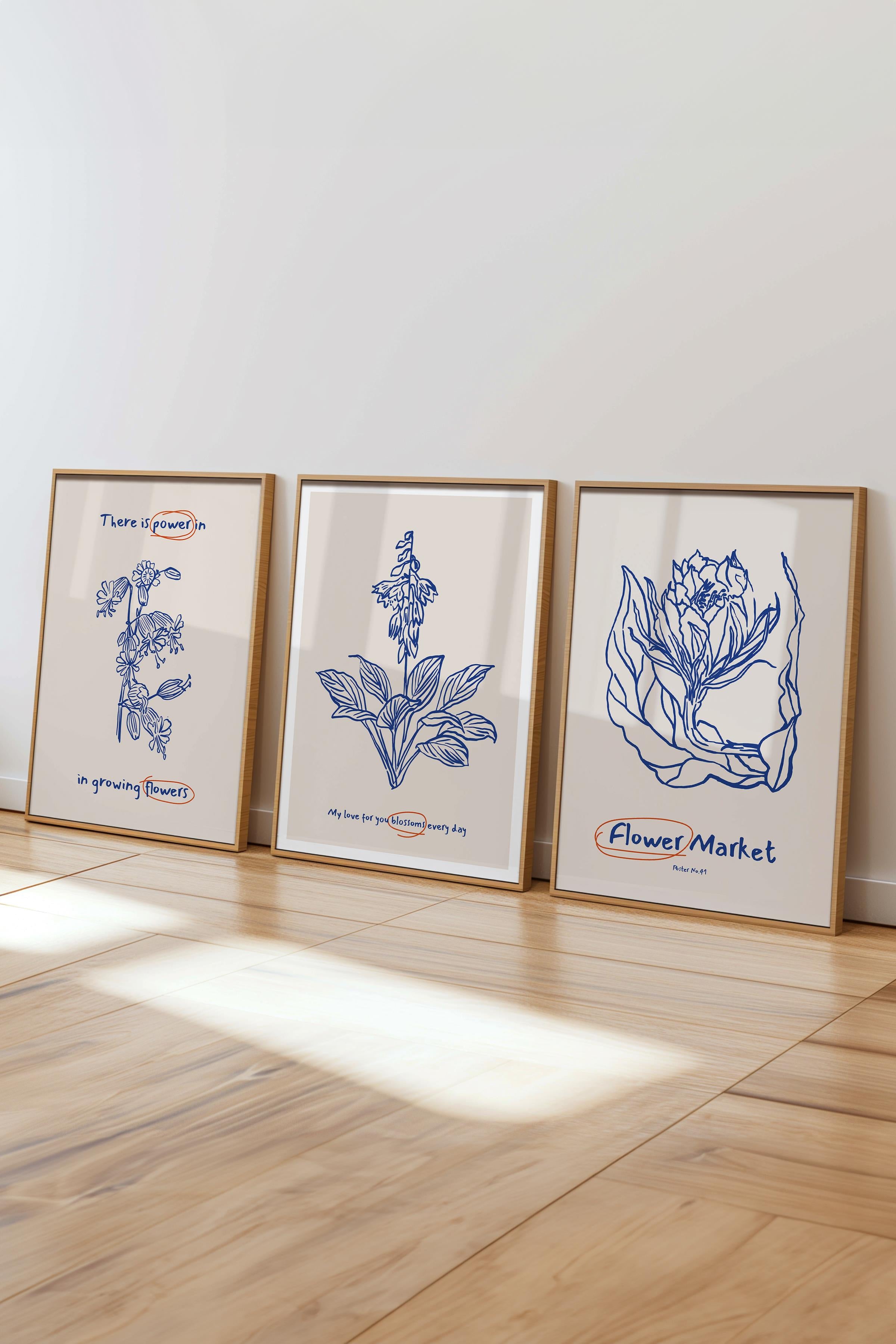 Çerçeveli Tablo Seti, 3 Adet Ahşap Çerçeve ve Minimalist Botanik Temalı Poster Seti, No:300474