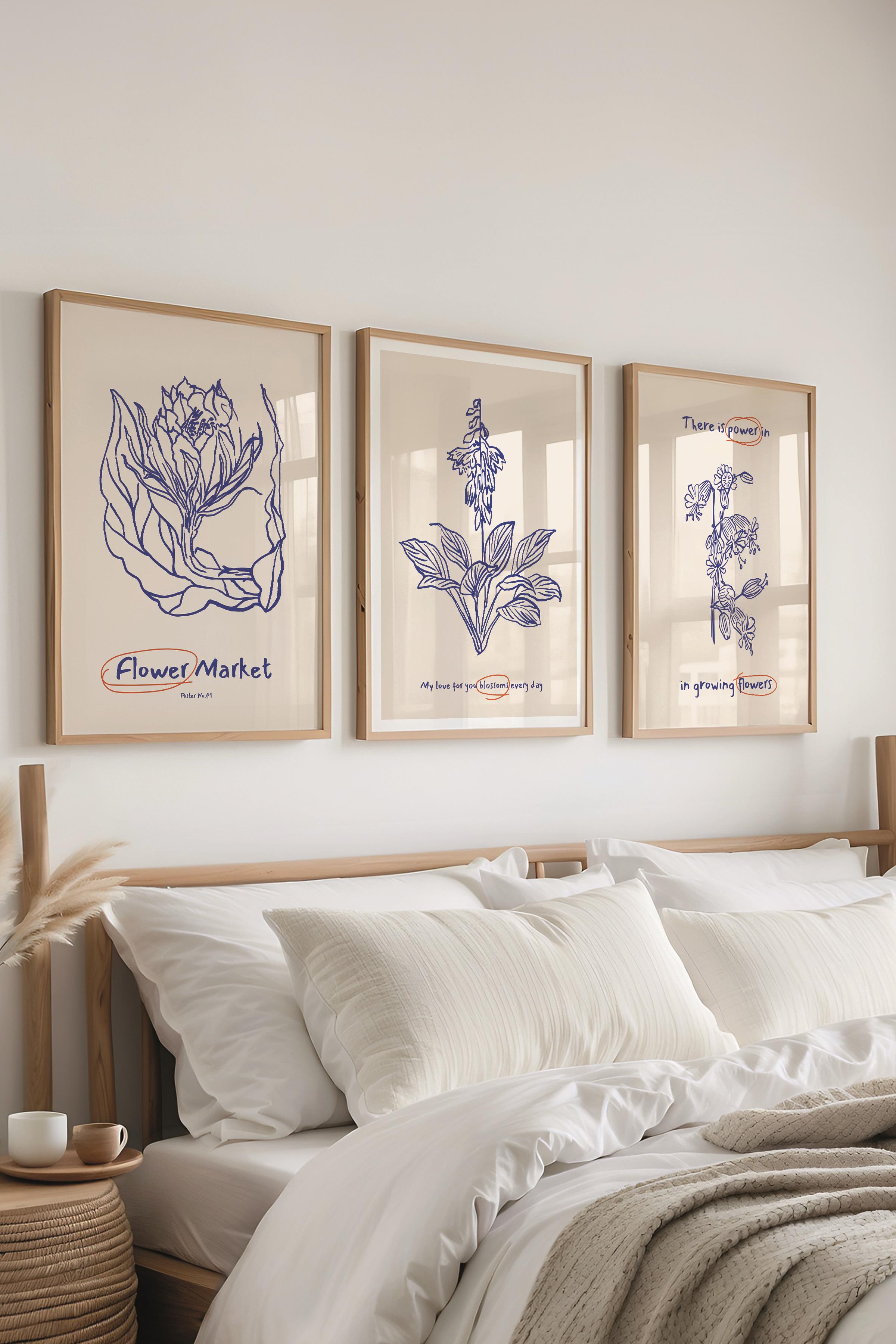 Çerçeveli Tablo Seti, 3 Adet Ahşap Çerçeve ve Minimalist Botanik Temalı Poster Seti, No:300474
