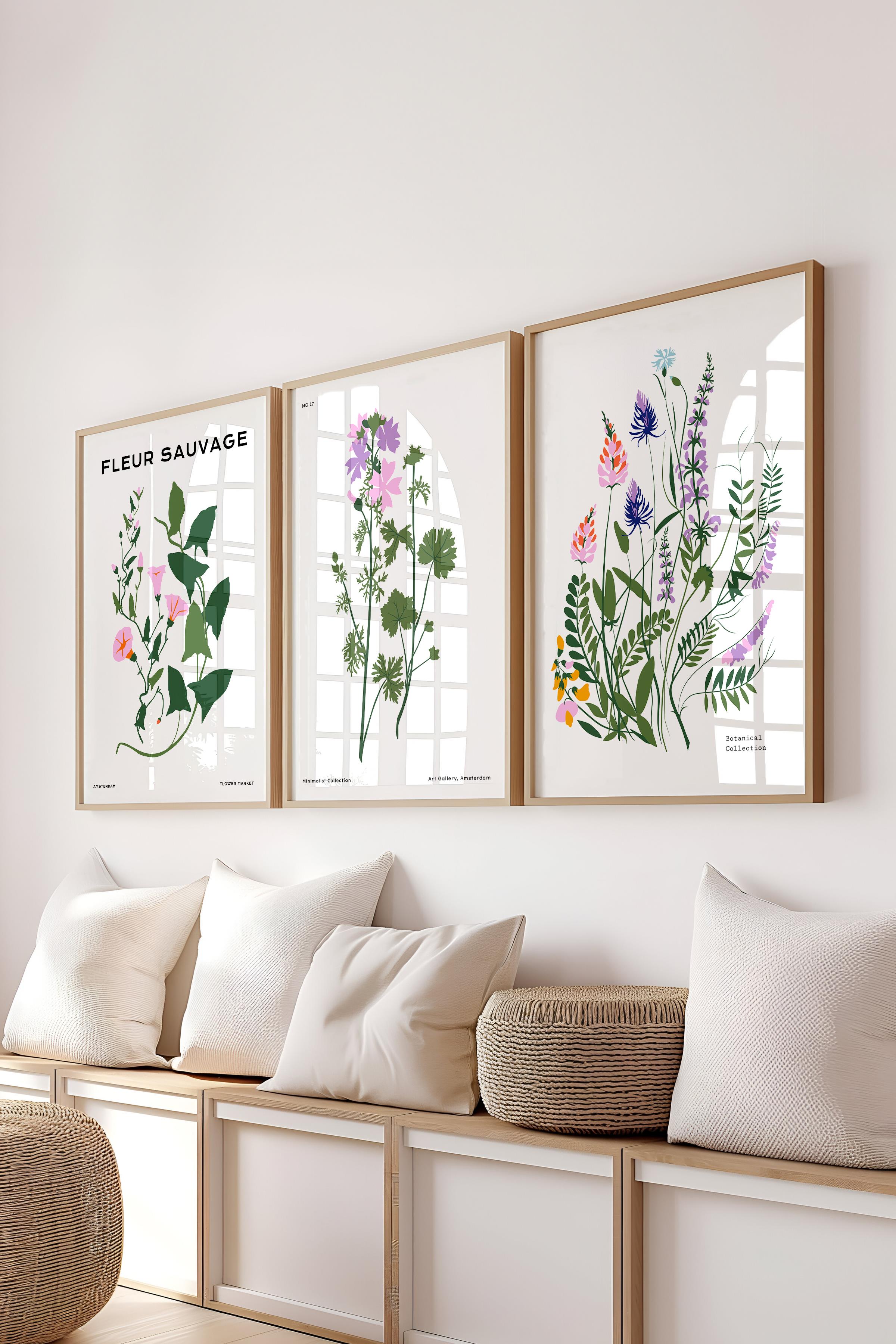 Çerçeveli Tablo Seti, 3 Adet Ahşap Çerçeve ve Minimalist Botanik Temalı Poster Seti, No:300480