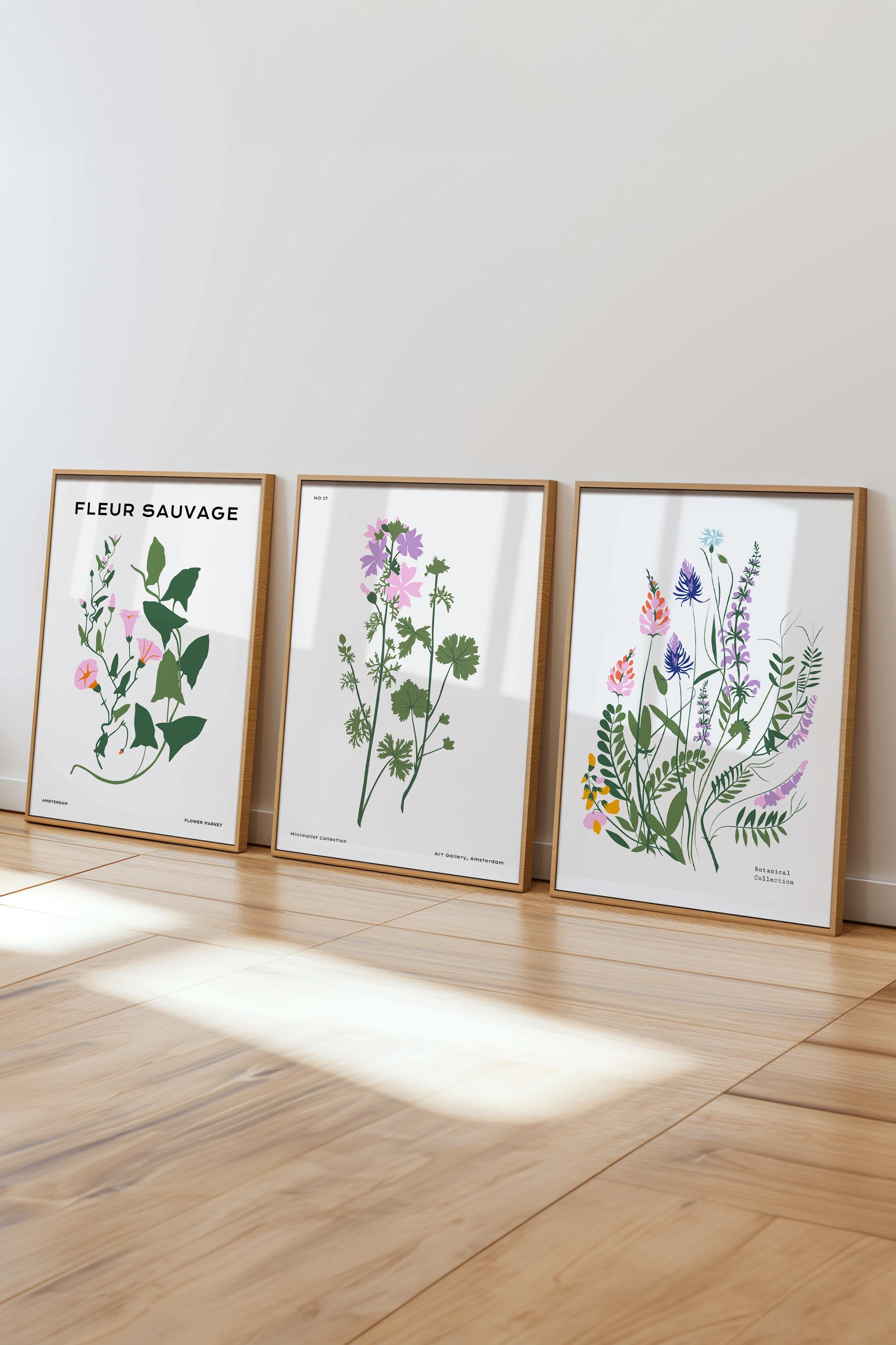 Çerçeveli Tablo Seti, 3 Adet Ahşap Çerçeve ve Minimalist Botanik Temalı Poster Seti, No:300480