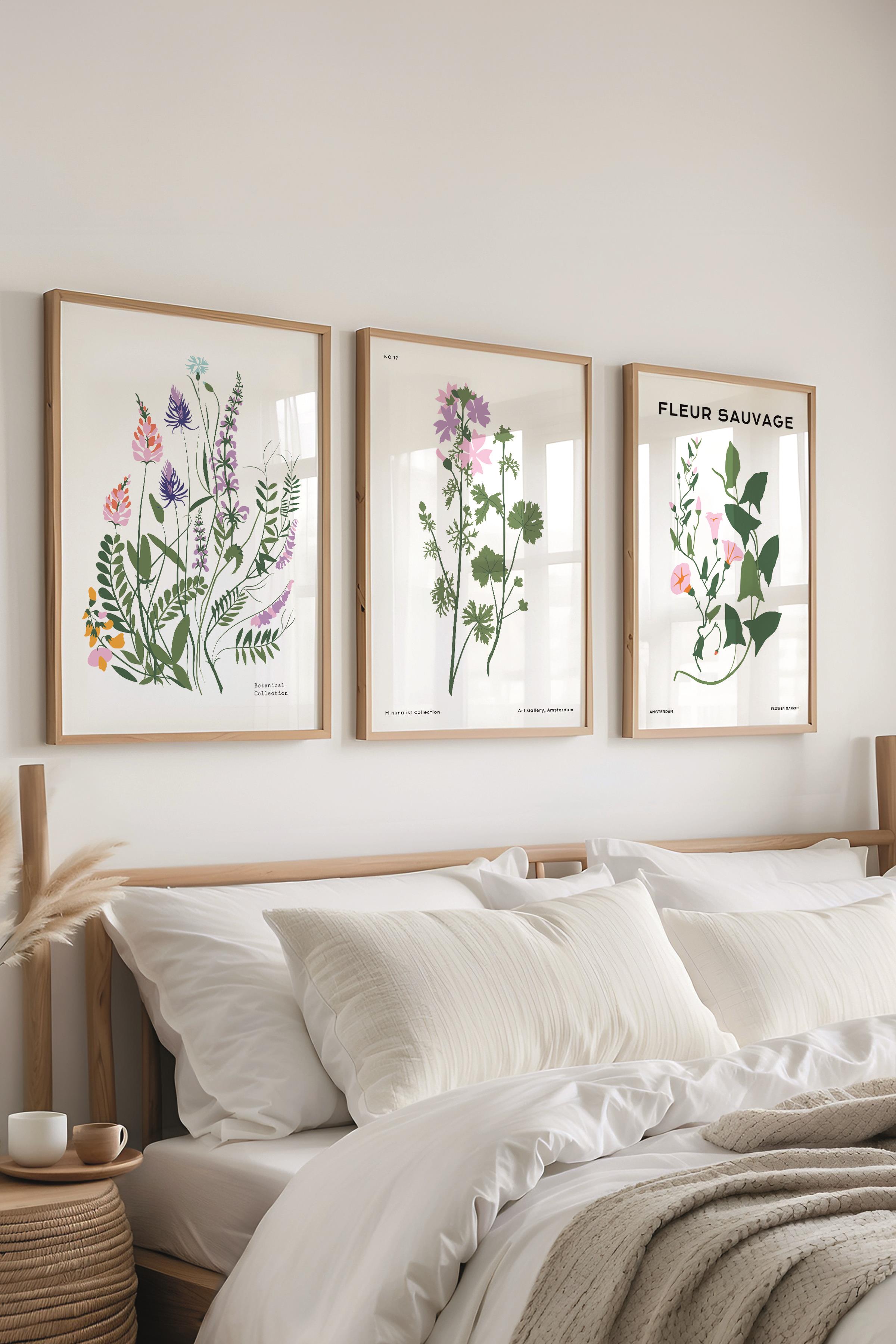 Çerçeveli Tablo Seti, 3 Adet Ahşap Çerçeve ve Minimalist Botanik Temalı Poster Seti, No:300480