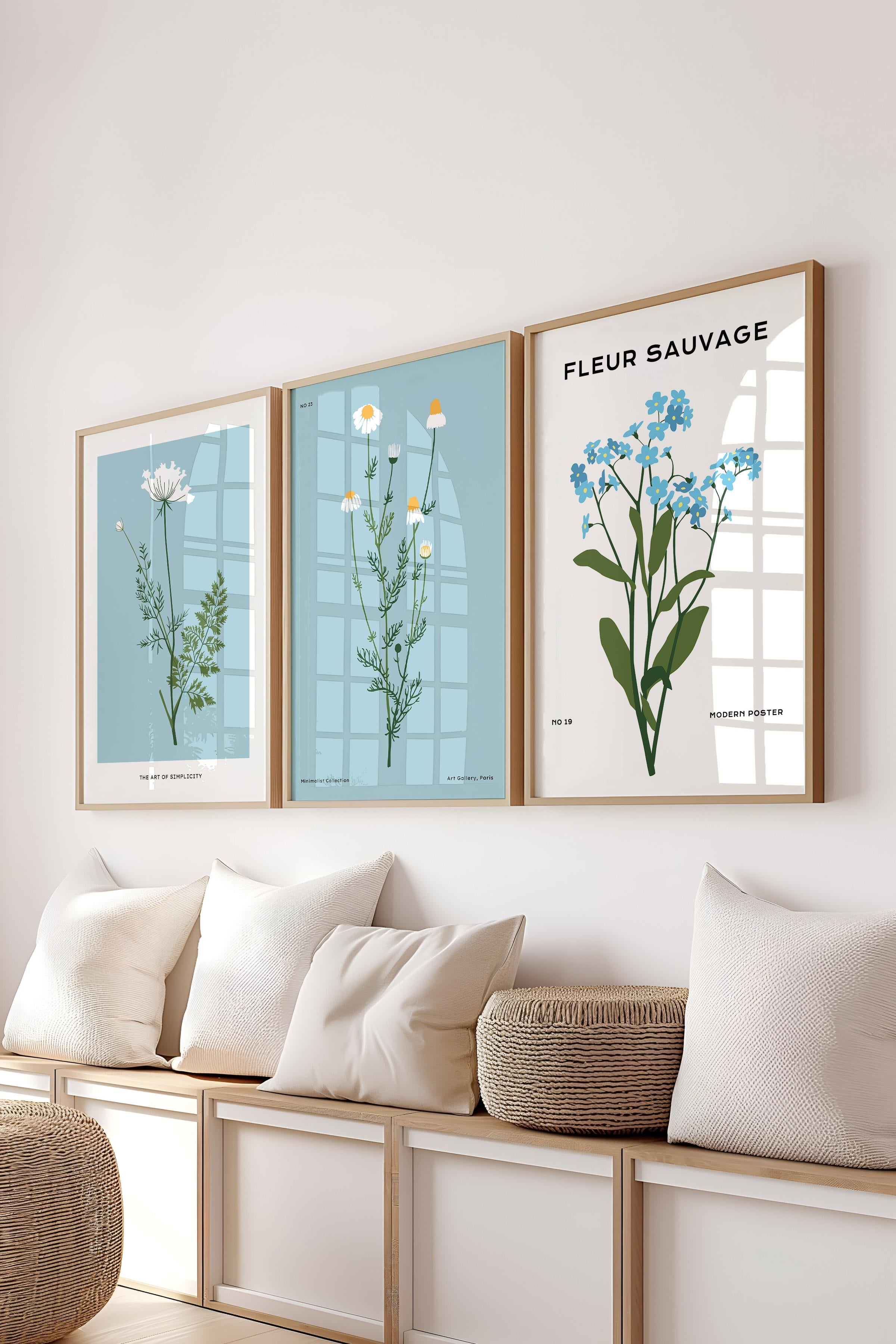Çerçeveli Tablo Seti, 3 Adet Ahşap Çerçeve ve Minimalist Çiçekler Temalı Poster Seti, No:300482