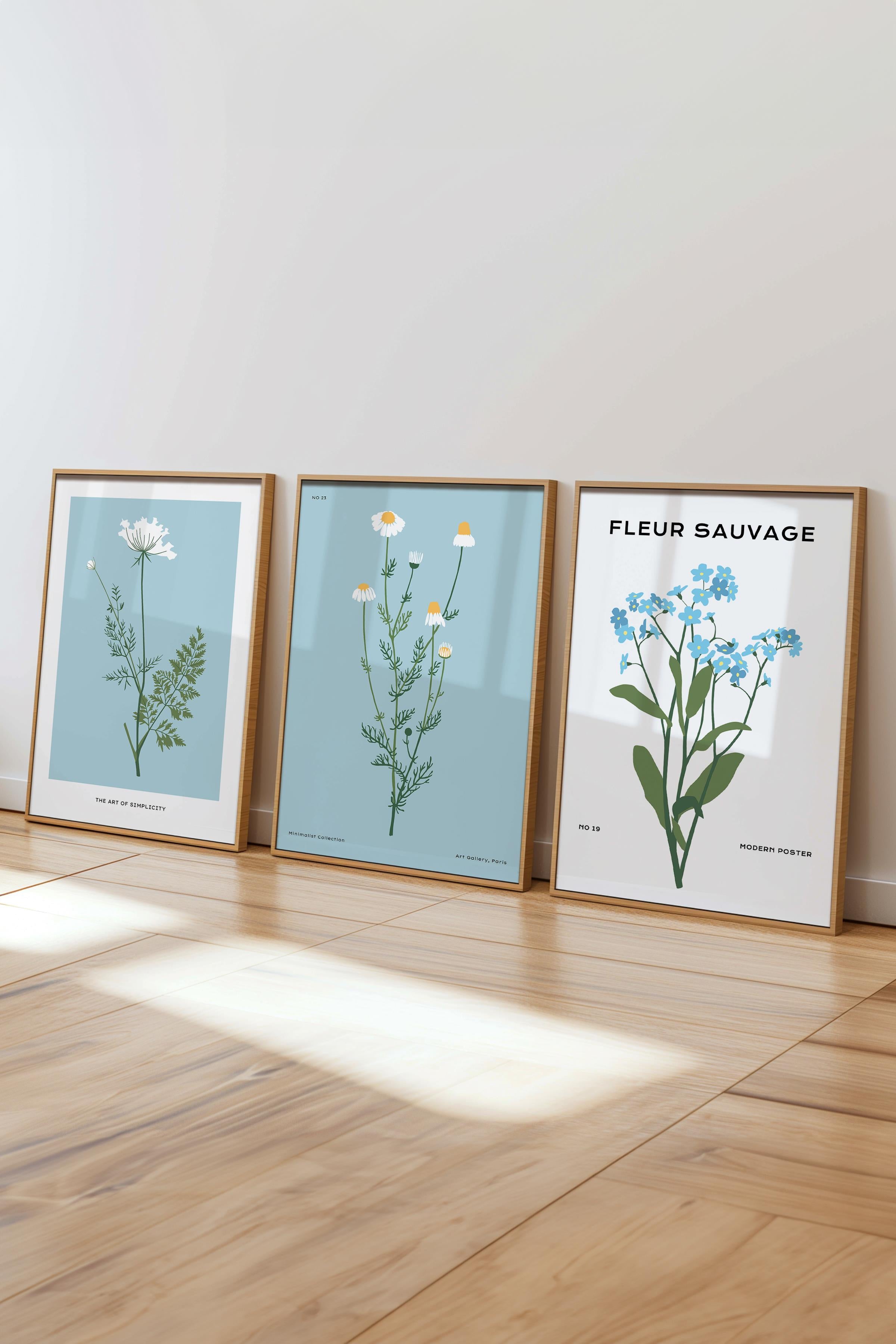 Çerçeveli Tablo Seti, 3 Adet Ahşap Çerçeve ve Minimalist Çiçekler Temalı Poster Seti, No:300482