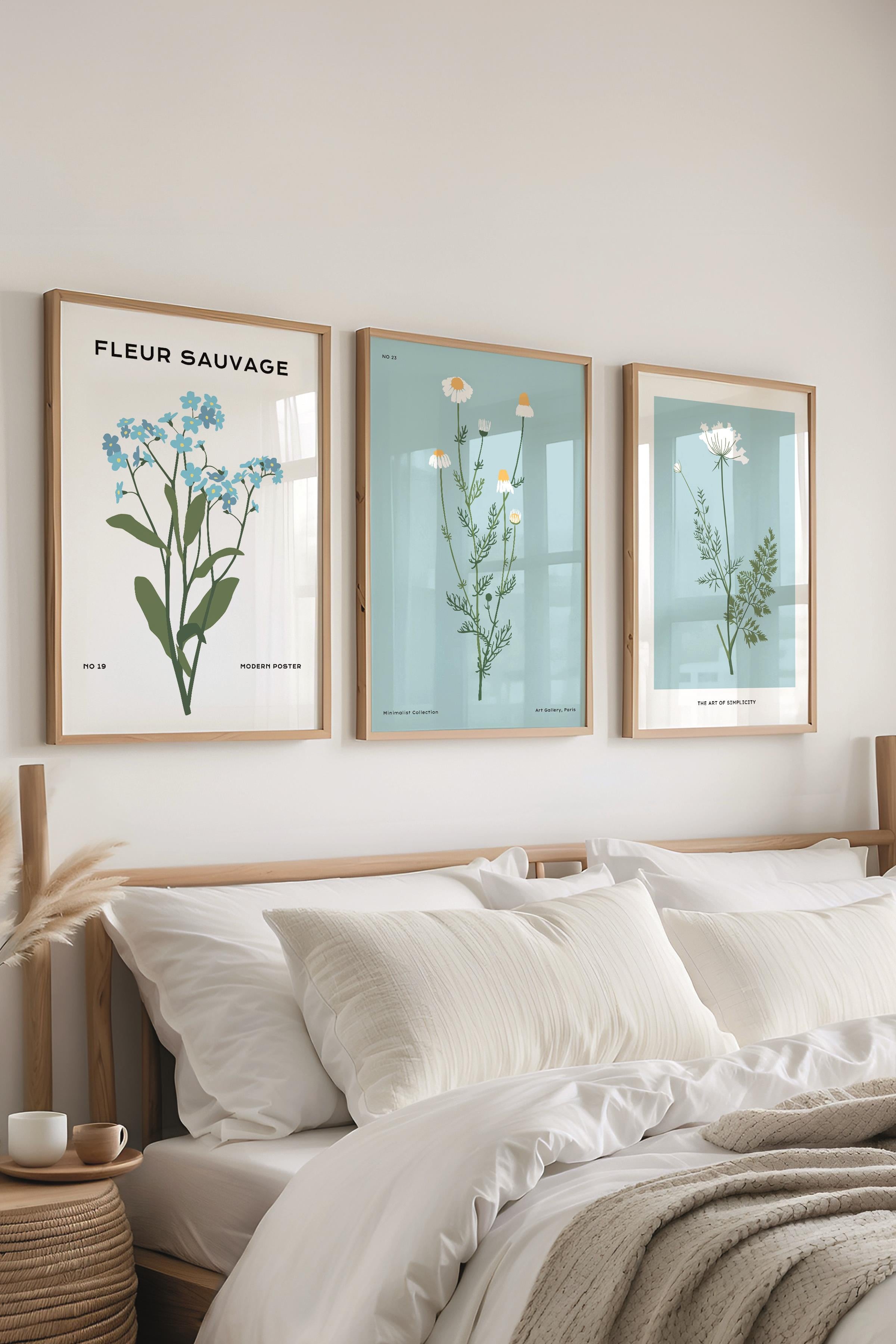 Çerçeveli Tablo Seti, 3 Adet Ahşap Çerçeve ve Minimalist Çiçekler Temalı Poster Seti, No:300482