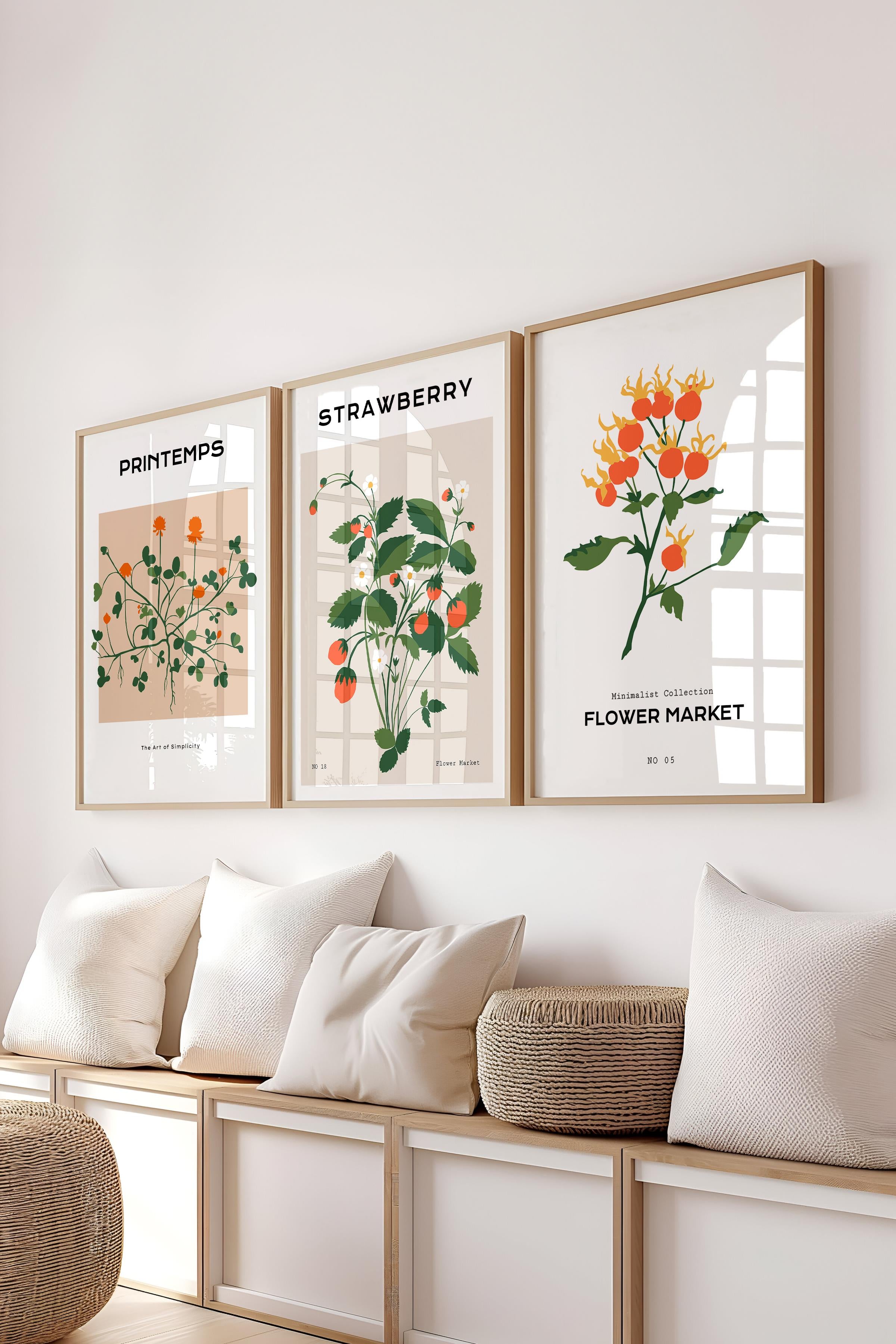 Çerçeveli Tablo Seti, 3 Adet Ahşap Çerçeve ve Minimalist Çiçekler  Temalı Poster Seti, No:300483
