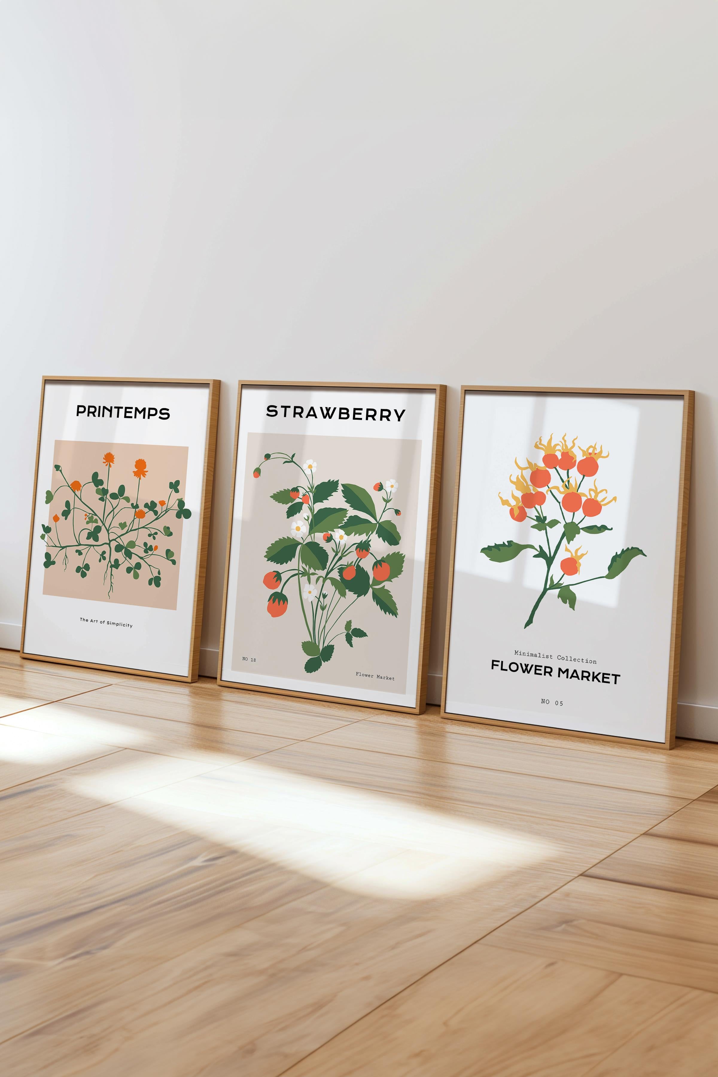 Çerçeveli Tablo Seti, 3 Adet Ahşap Çerçeve ve Minimalist Çiçekler  Temalı Poster Seti, No:300483
