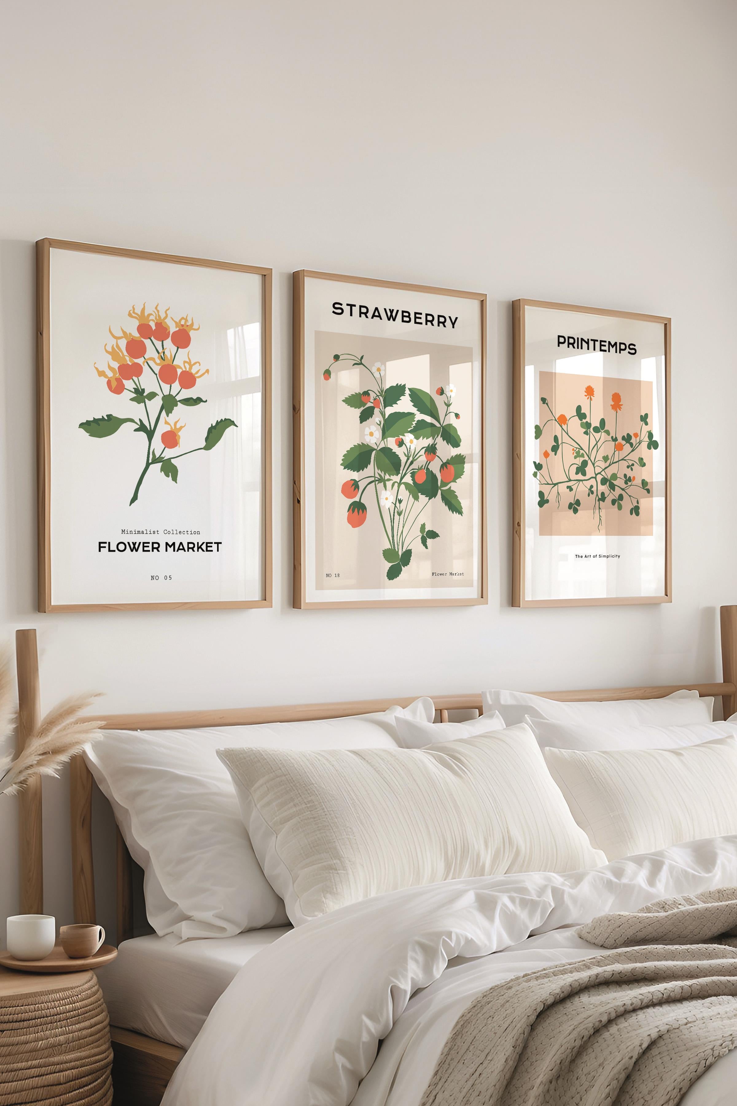Çerçeveli Tablo Seti, 3 Adet Ahşap Çerçeve ve Minimalist Çiçekler  Temalı Poster Seti, No:300483