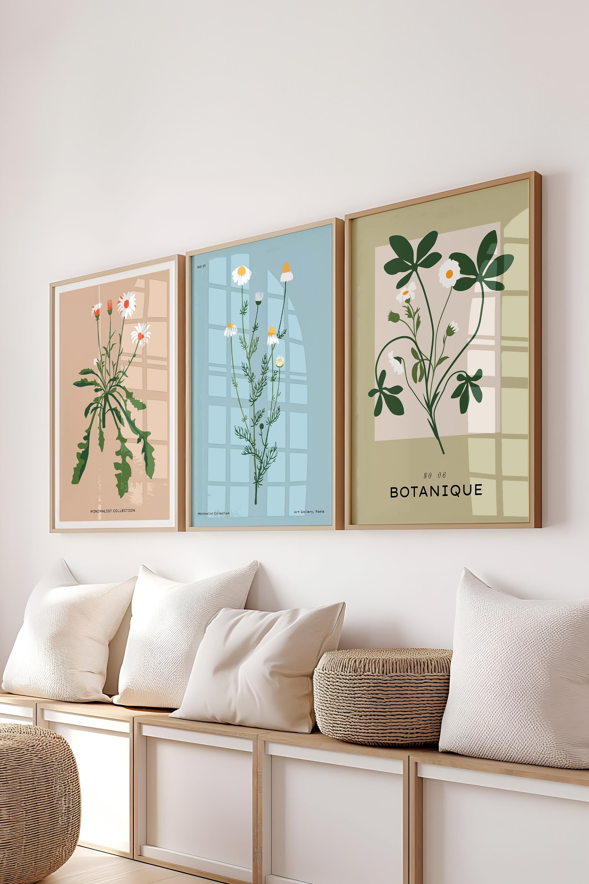 Çerçeveli Tablo Seti, 3 Adet Ahşap Çerçeve ve Minimalist Çiçekler Temalı Poster Seti, No:300484