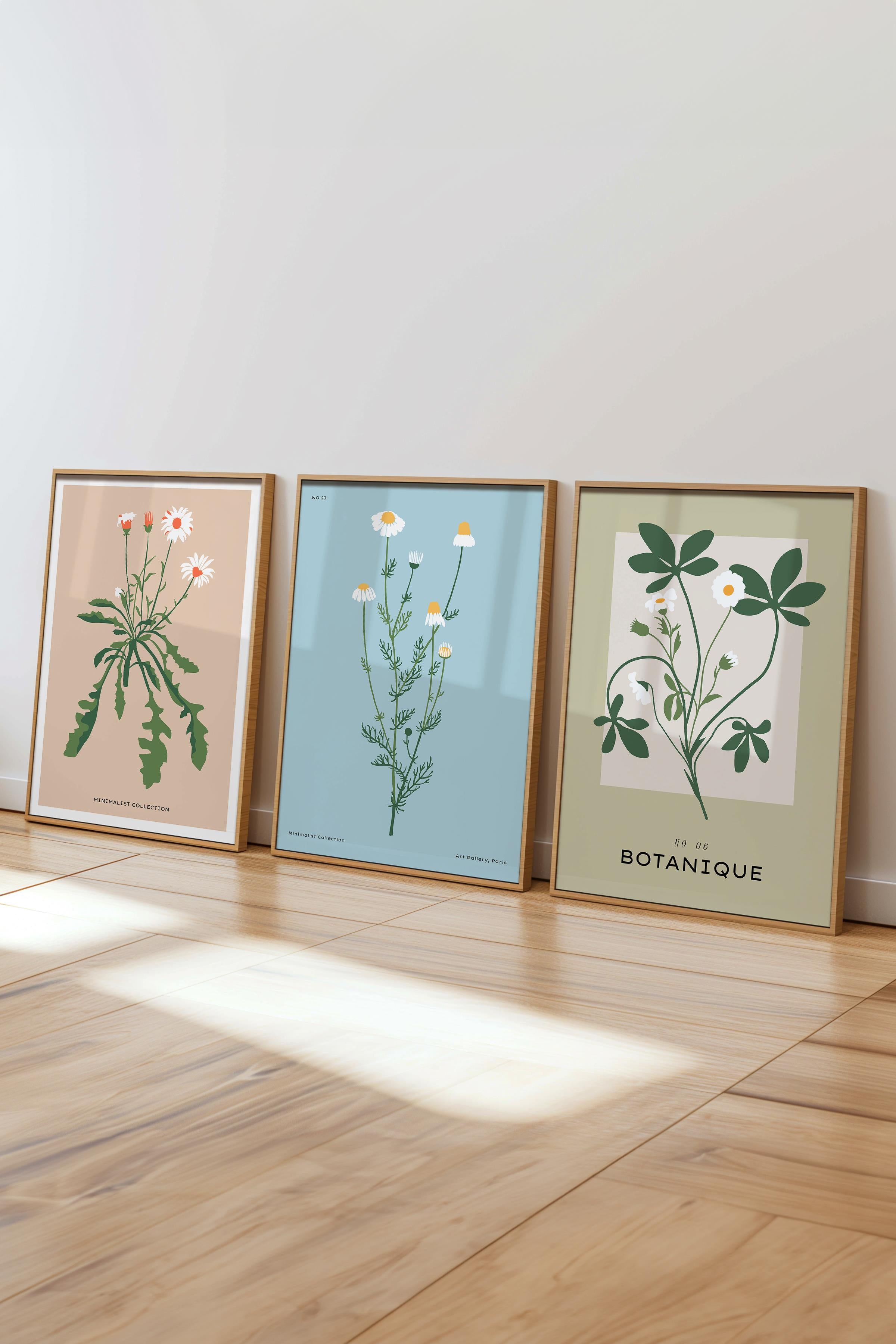 Çerçeveli Tablo Seti, 3 Adet Ahşap Çerçeve ve Minimalist Çiçekler Temalı Poster Seti, No:300484