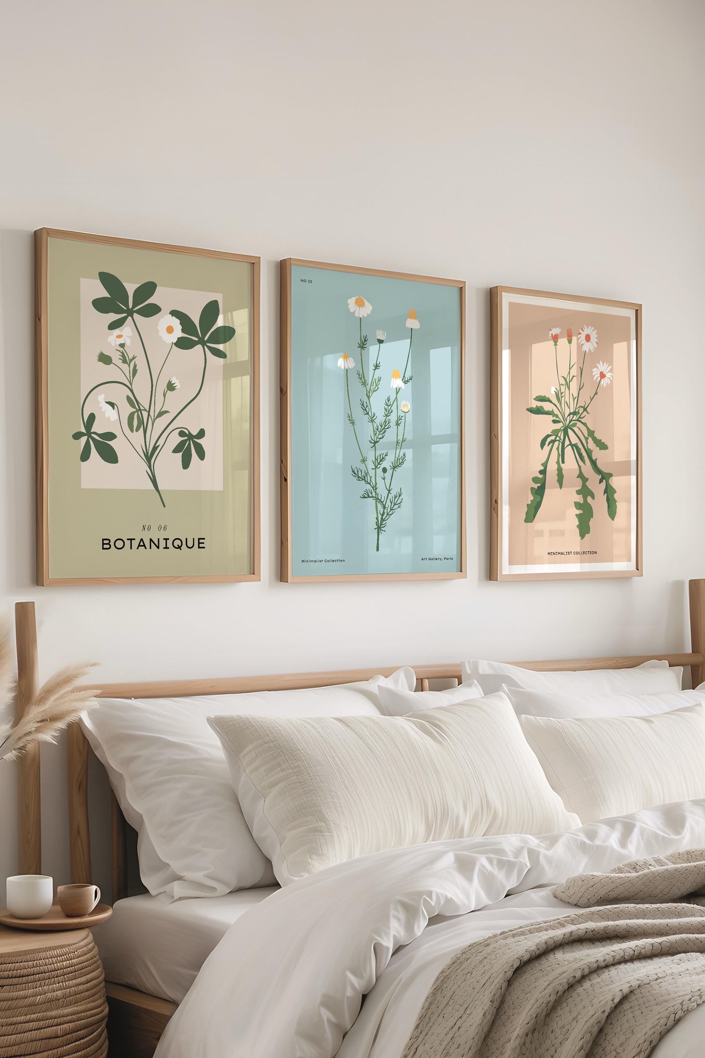 Çerçeveli Tablo Seti, 3 Adet Ahşap Çerçeve ve Minimalist Çiçekler Temalı Poster Seti, No:300484