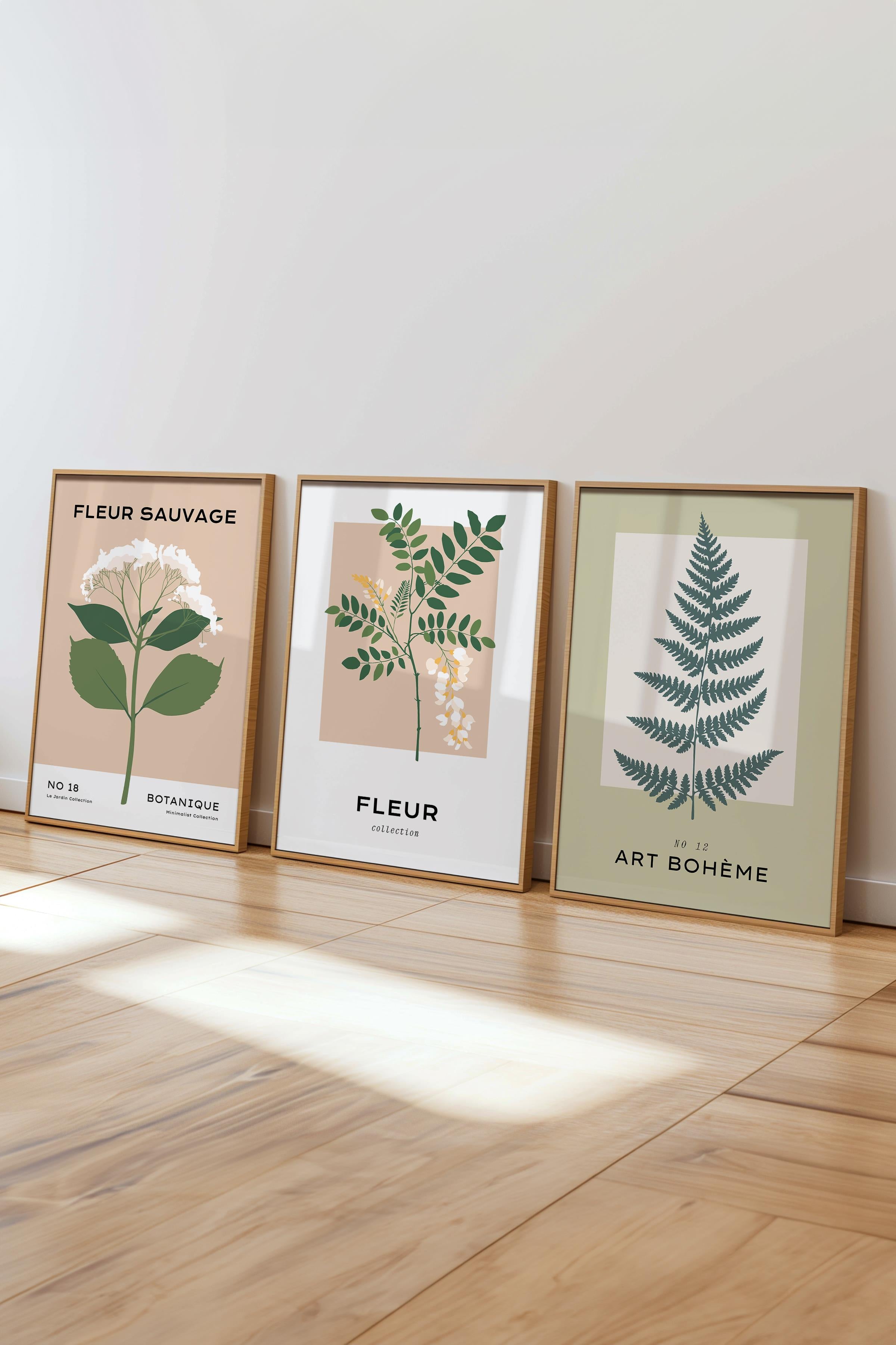 Çerçeveli Tablo Seti, 3 Adet Ahşap Çerçeve ve Minimalist Çiçekler Temalı Poster Seti, No:300485
