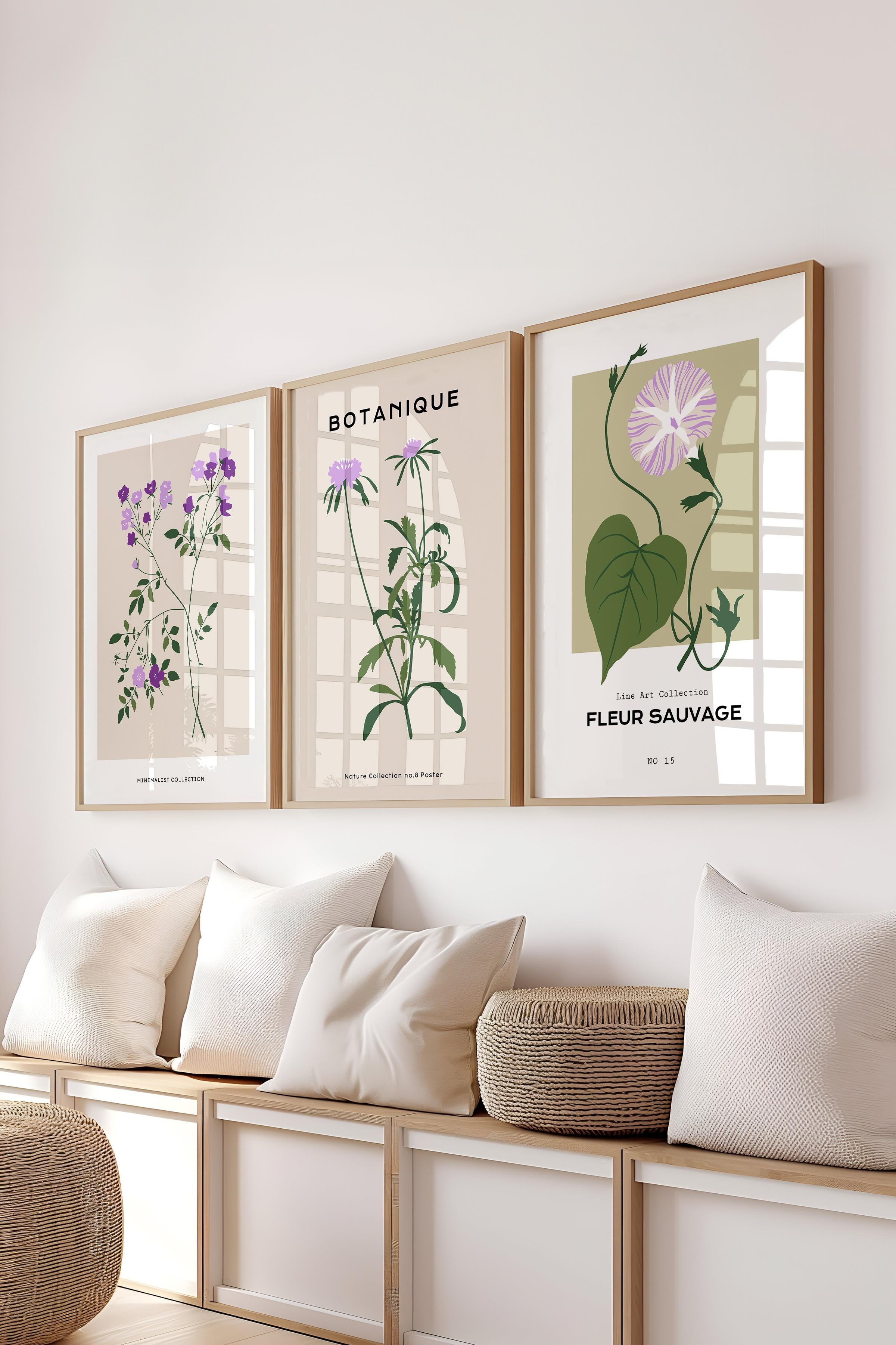 Çerçeveli Tablo Seti, 3 Adet Ahşap Çerçeve ve Minimalist Çiçekler Temalı Poster Seti, No:300486