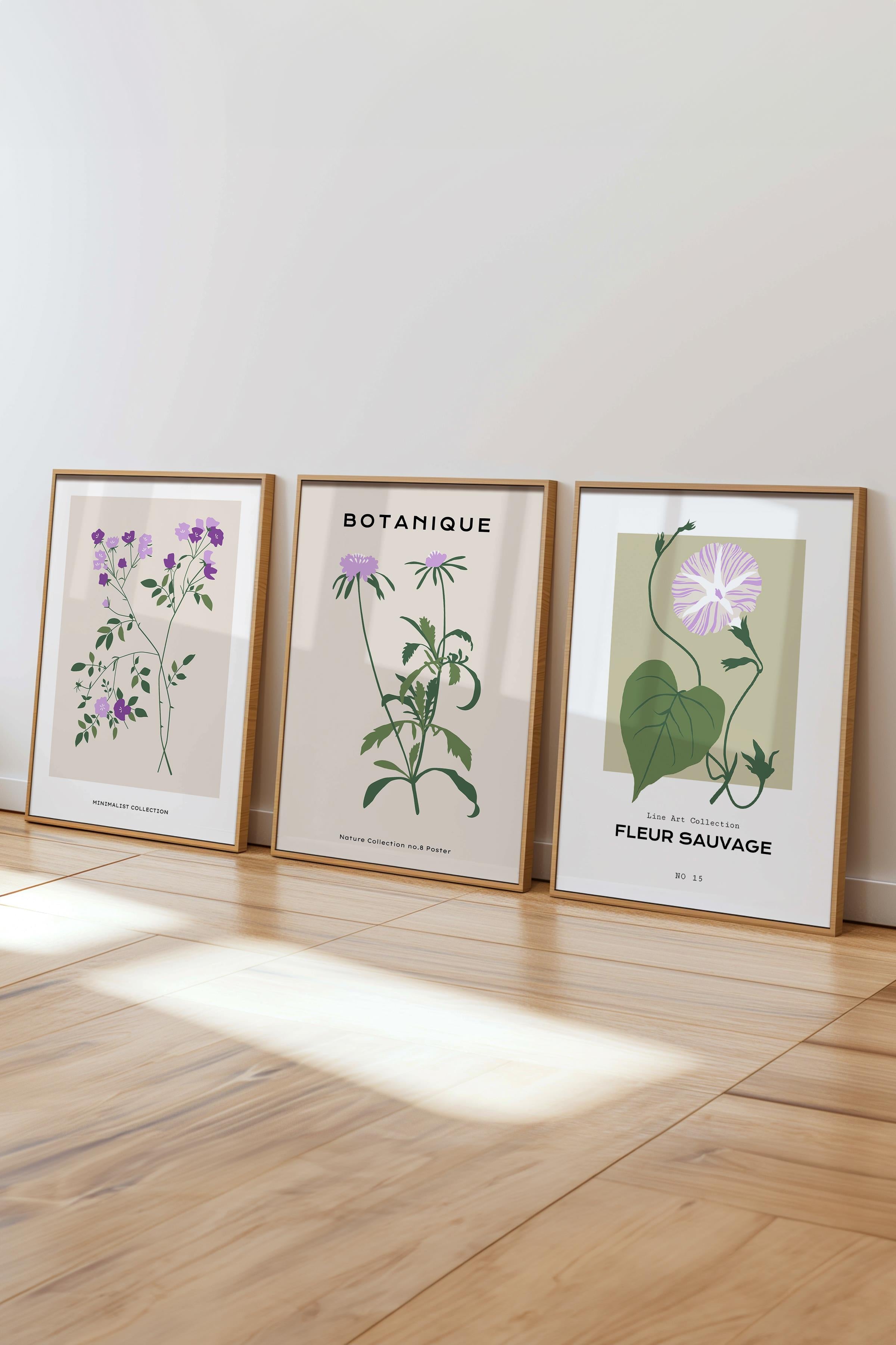 Çerçeveli Tablo Seti, 3 Adet Ahşap Çerçeve ve Minimalist Çiçekler Temalı Poster Seti, No:300486