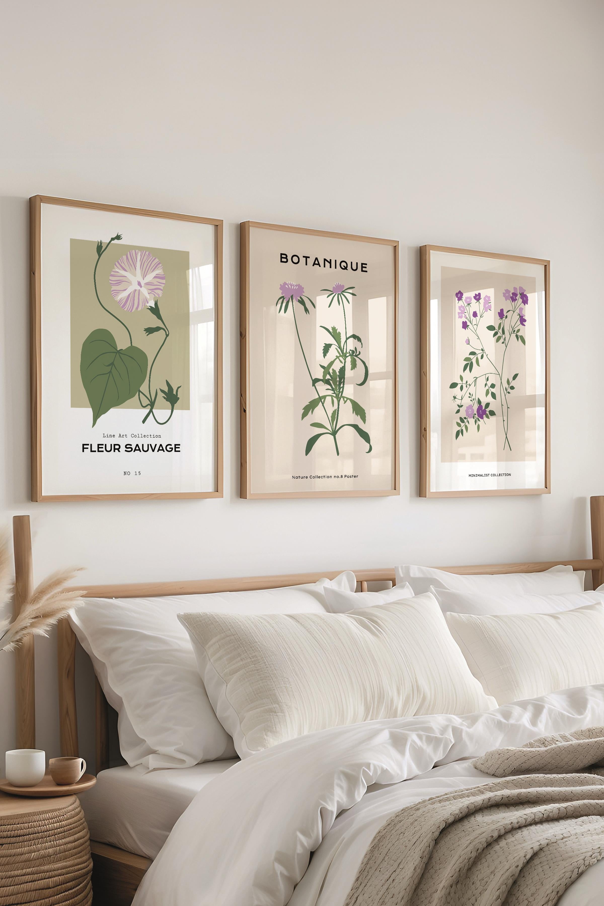 Çerçeveli Tablo Seti, 3 Adet Ahşap Çerçeve ve Minimalist Çiçekler Temalı Poster Seti, No:300486