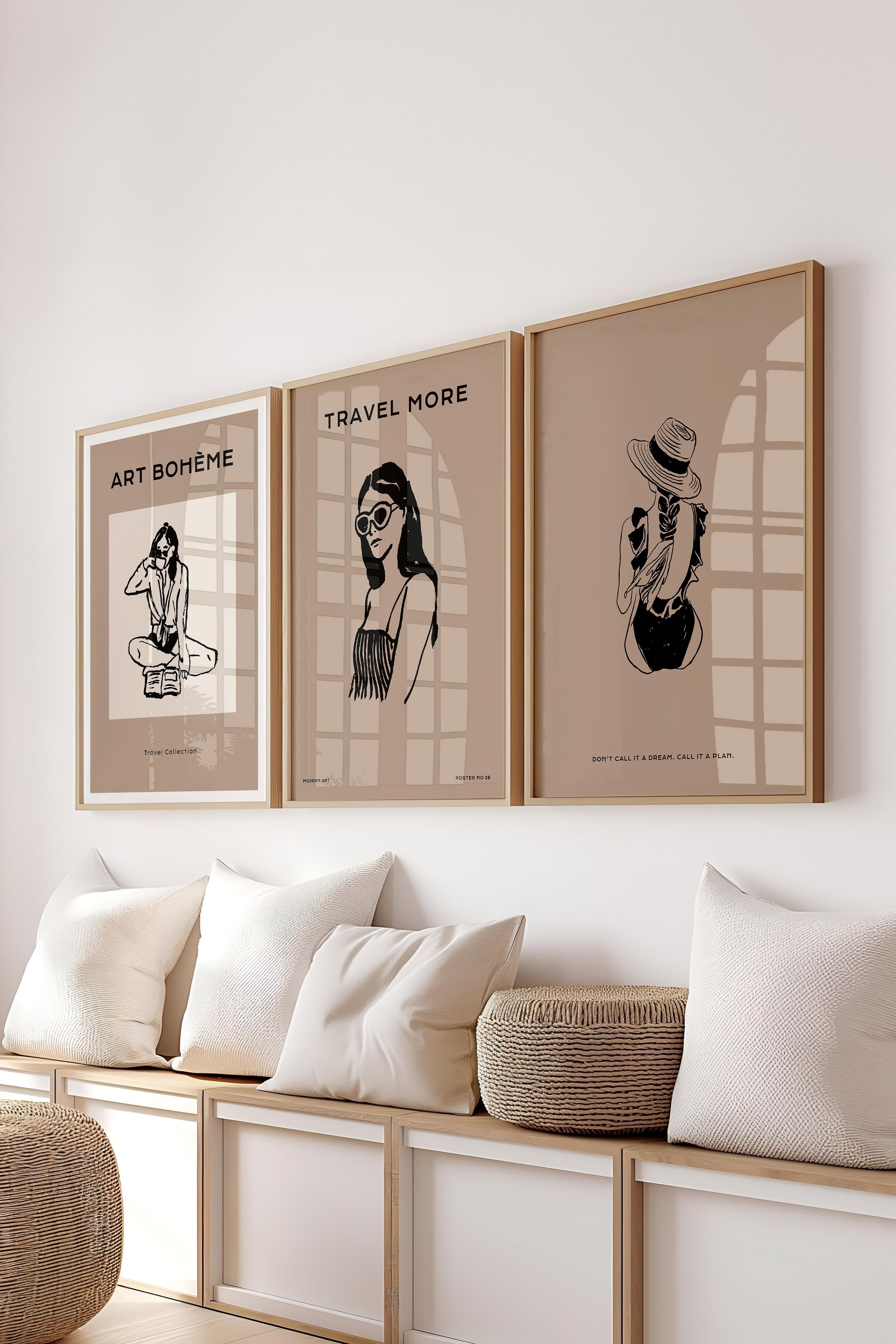 Çerçeveli Tablo Seti, 3 Adet Ahşap Çerçeve ve Minimalist Çizim Temalı Poster Seti, No:300518