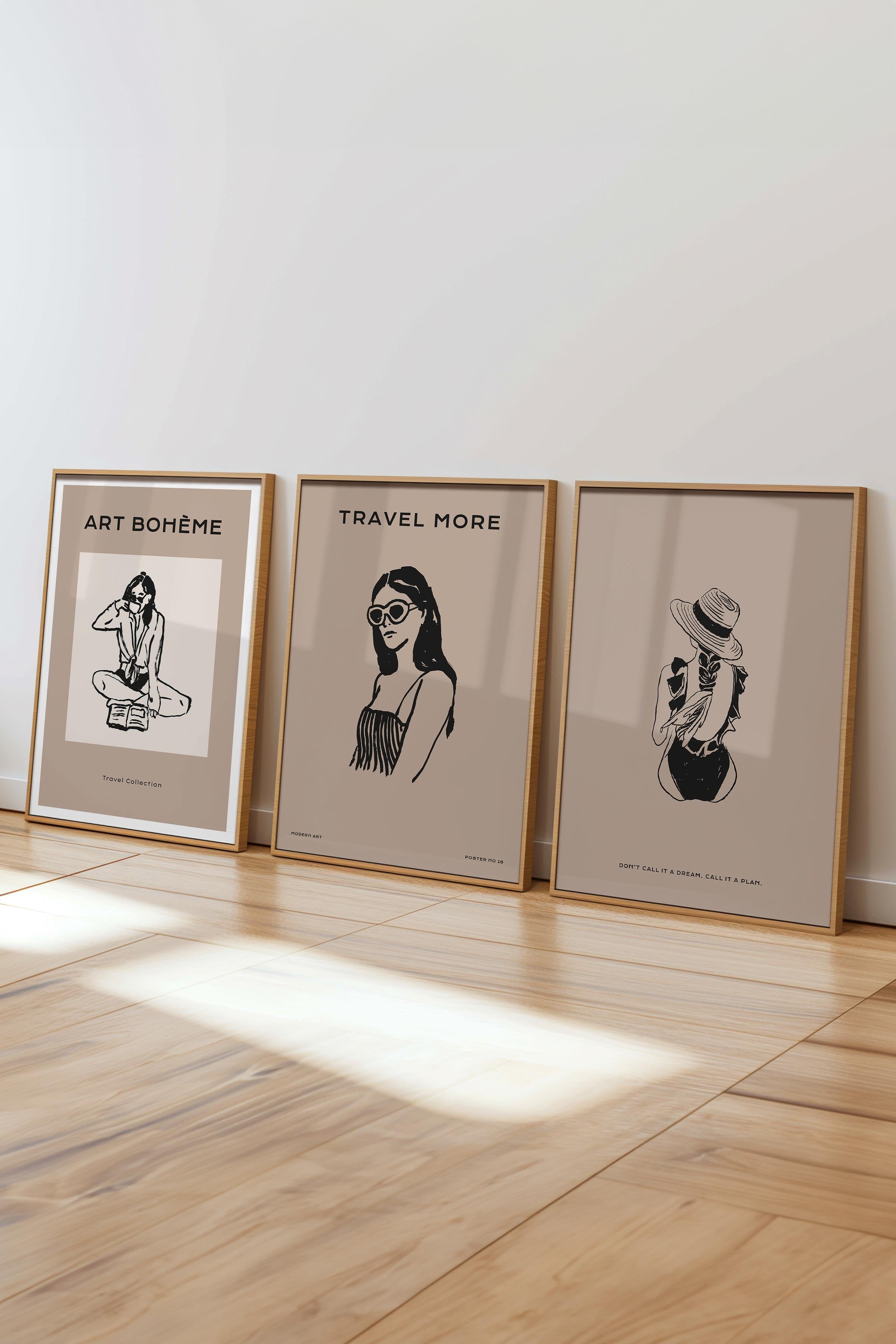Çerçeveli Tablo Seti, 3 Adet Ahşap Çerçeve ve Minimalist Çizim Temalı Poster Seti, No:300518