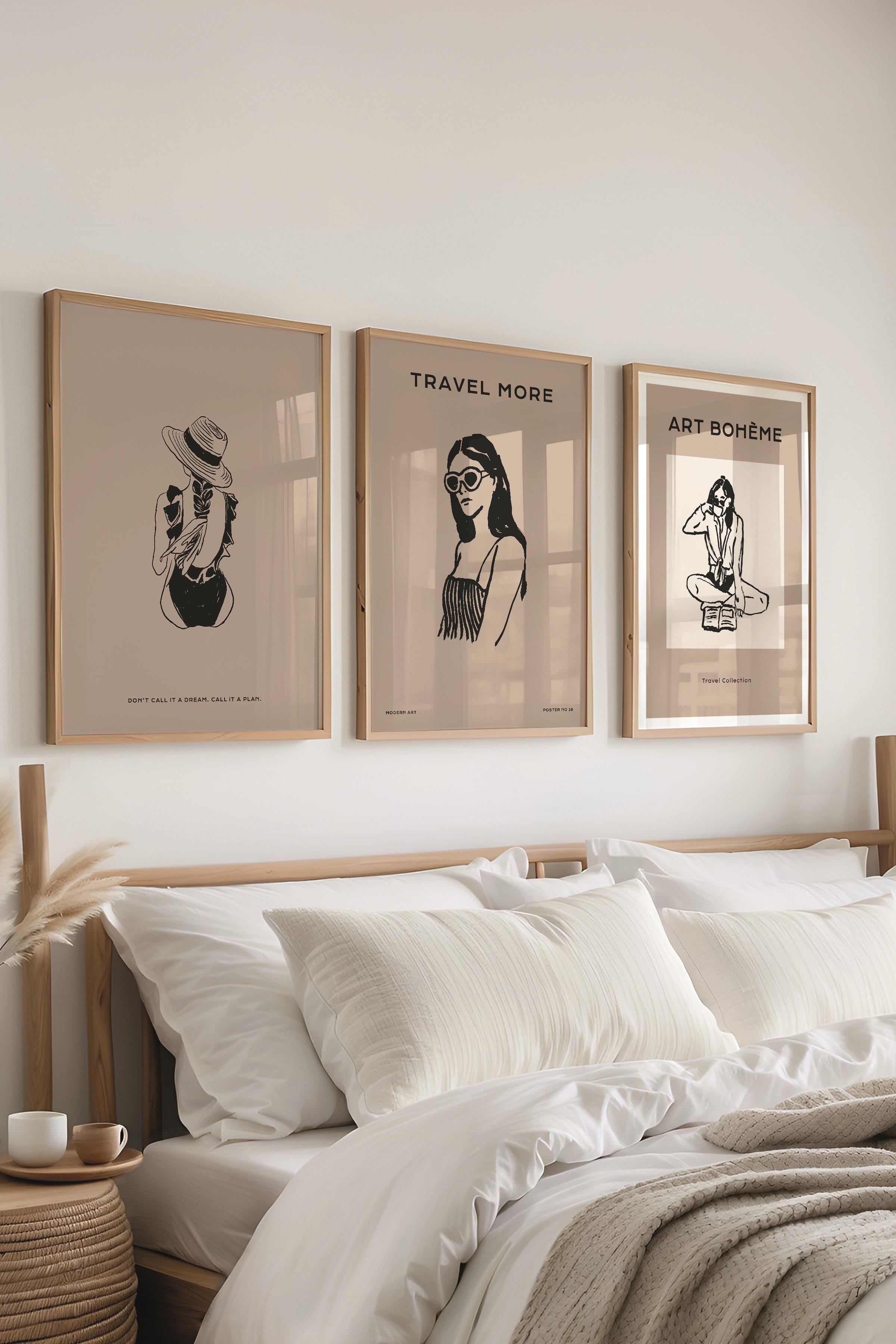 Çerçeveli Tablo Seti, 3 Adet Ahşap Çerçeve ve Minimalist Çizim Temalı Poster Seti, No:300518