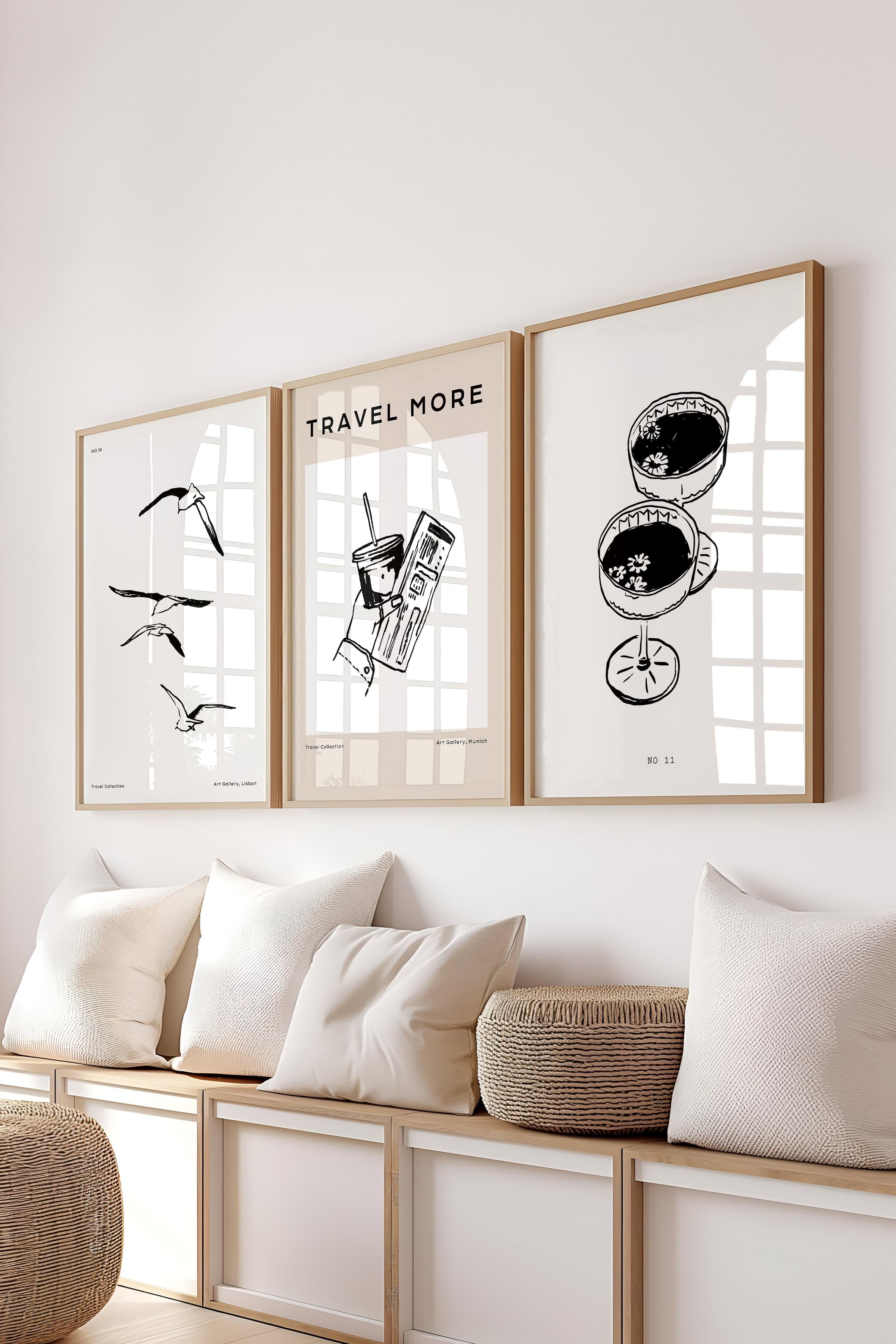 Çerçeveli Tablo Seti, 3 Adet Ahşap Çerçeve ve Minimalist Çizim Temalı Poster Seti, No:300519