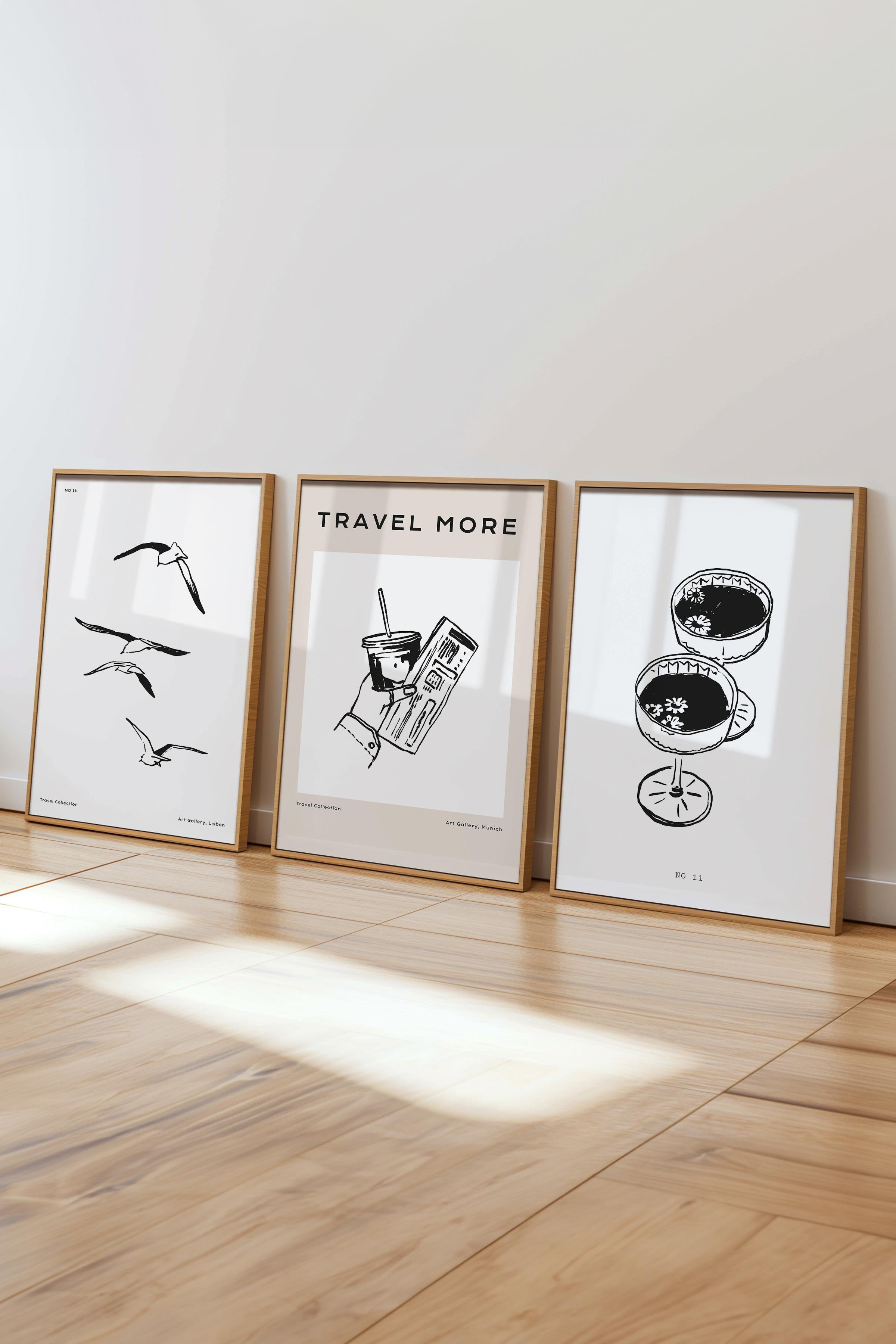 Çerçeveli Tablo Seti, 3 Adet Ahşap Çerçeve ve Minimalist Çizim Temalı Poster Seti, No:300519