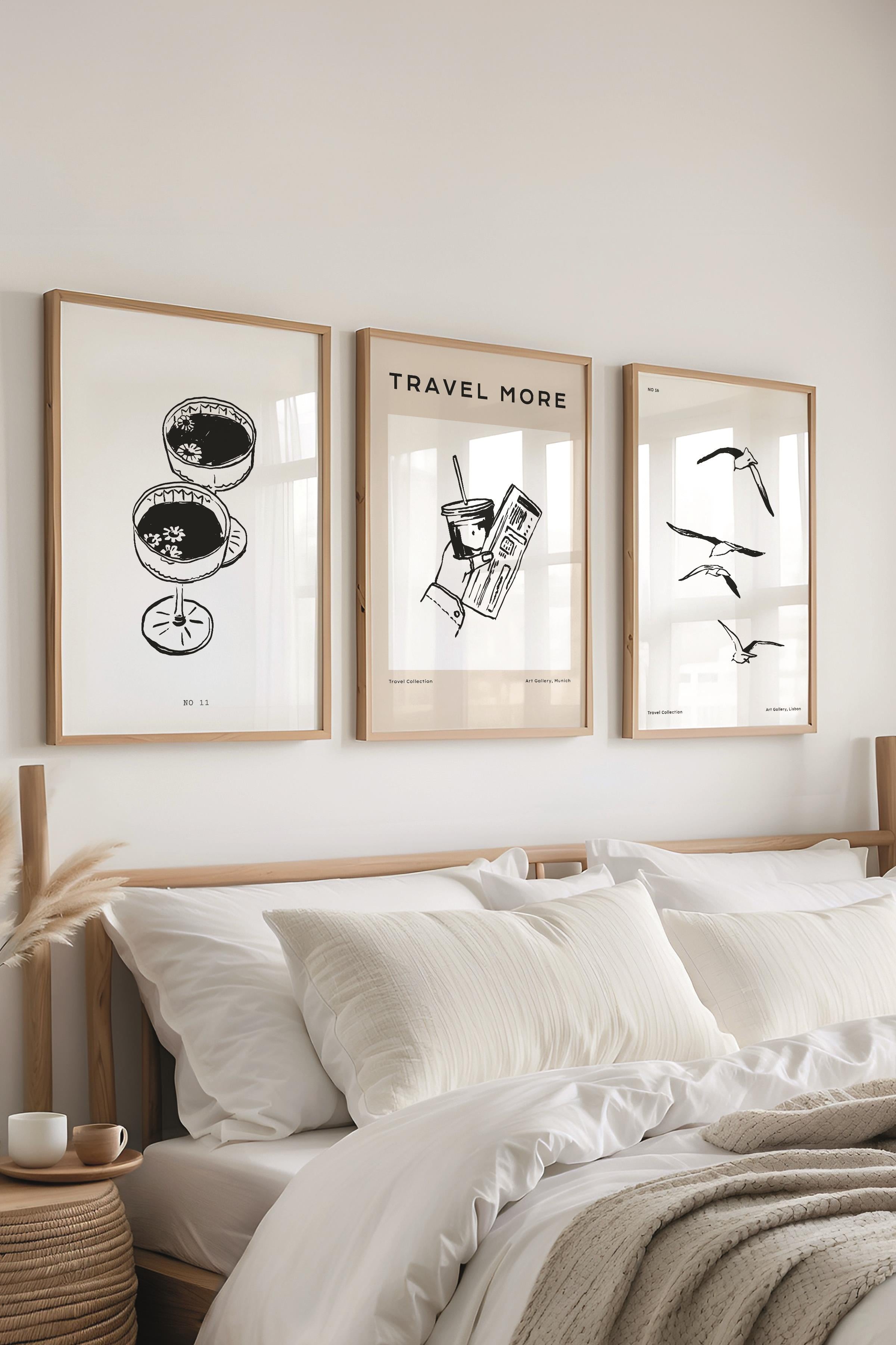Çerçeveli Tablo Seti, 3 Adet Ahşap Çerçeve ve Minimalist Çizim Temalı Poster Seti, No:300519