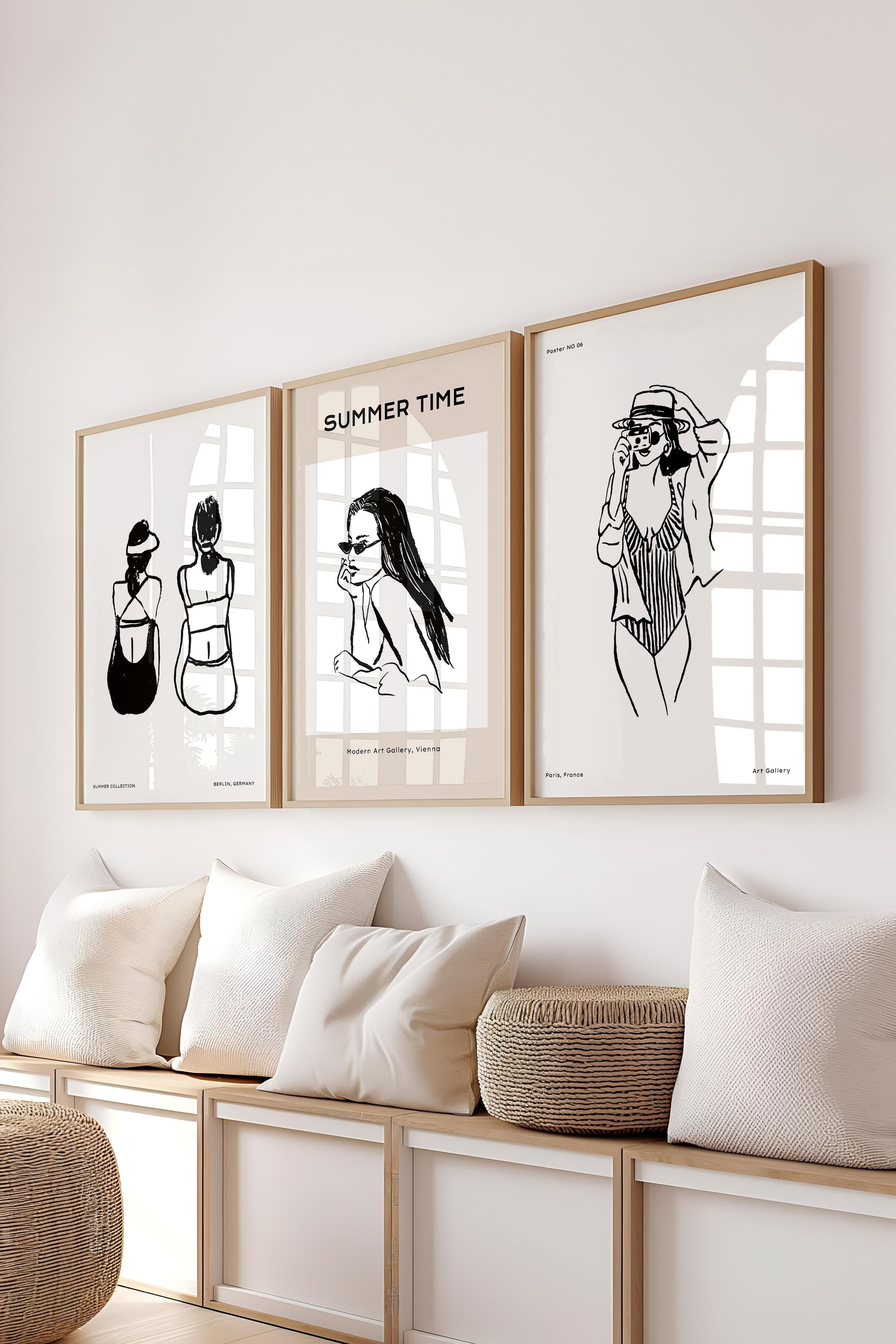 Çerçeveli Tablo Seti, 3 Adet Ahşap Çerçeve ve Minimalist Çizim Temalı Poster Seti, No:300520