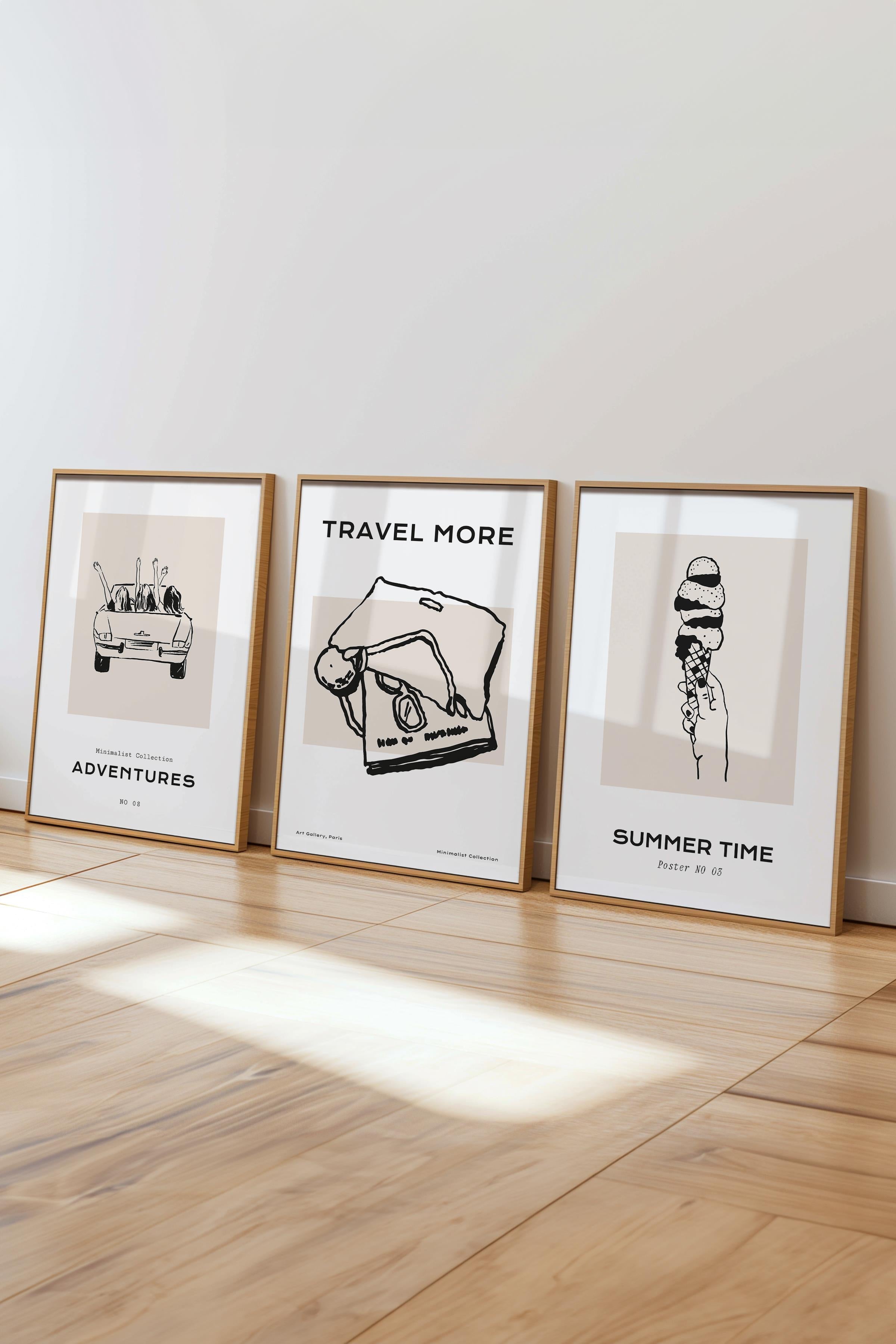 Çerçeveli Tablo Seti, 3 Adet Ahşap Çerçeve ve Minimalist Çizim Temalı Poster Seti, No:300521