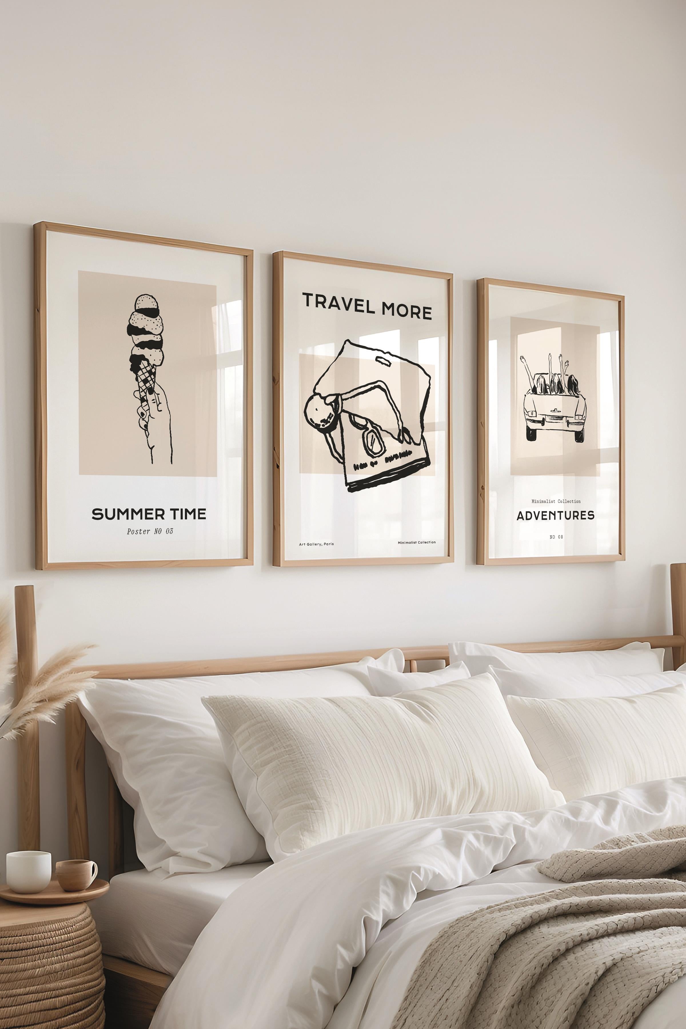 Çerçeveli Tablo Seti, 3 Adet Ahşap Çerçeve ve Minimalist Çizim Temalı Poster Seti, No:300521