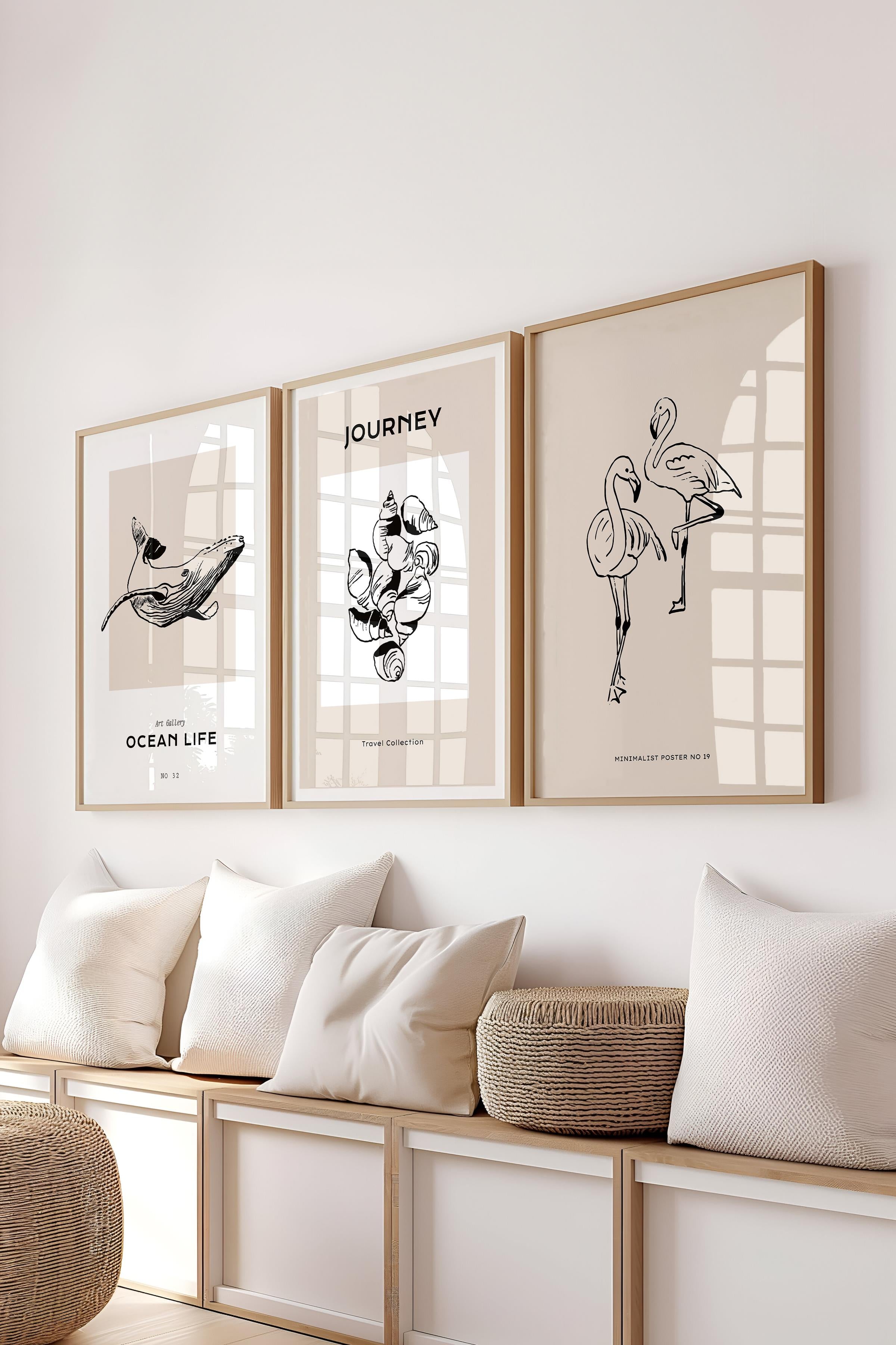 Çerçeveli Tablo Seti, 3 Adet Ahşap Çerçeve ve Minimalist Çizim Temalı Poster Seti, No:300522