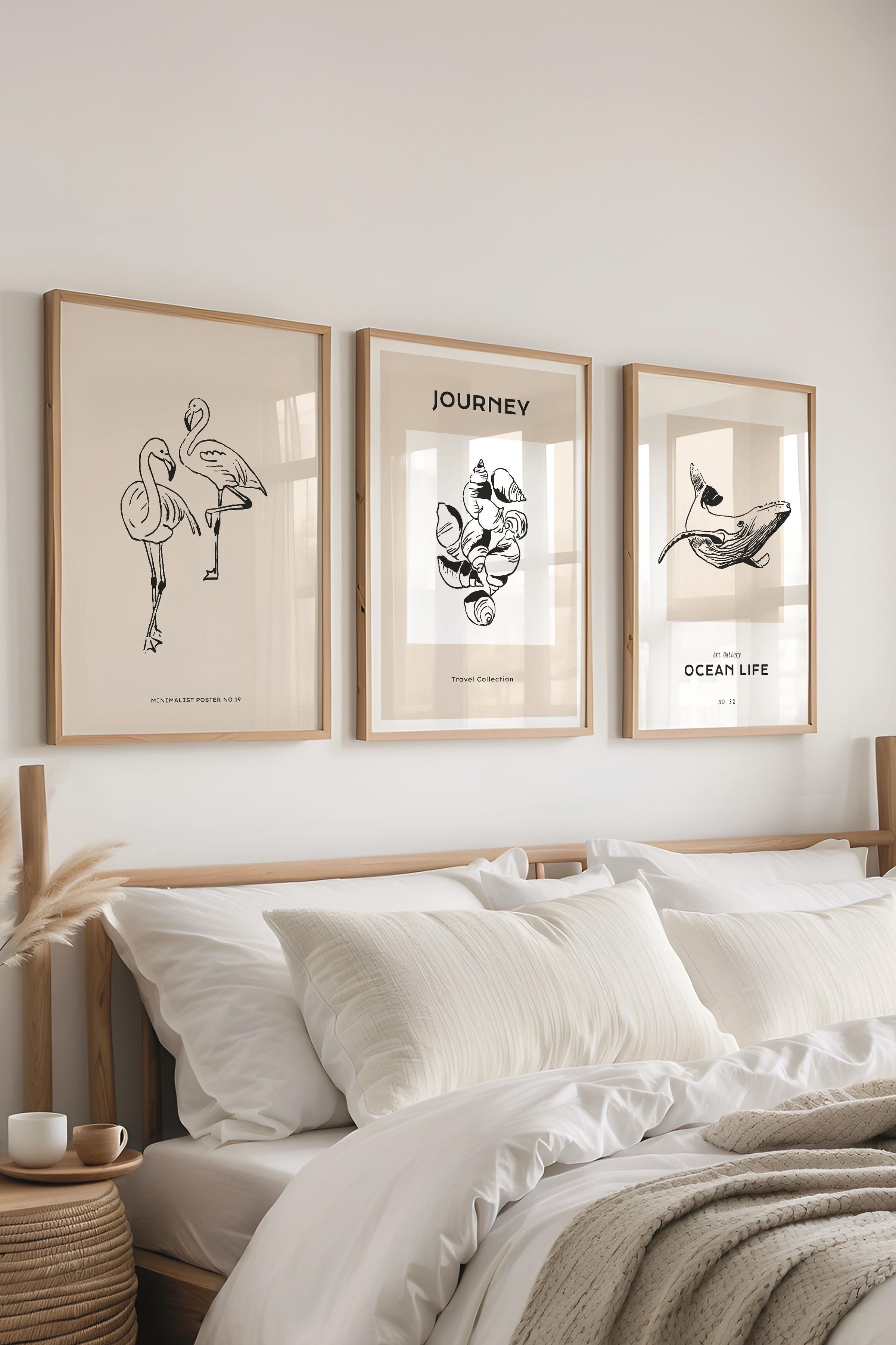 Çerçeveli Tablo Seti, 3 Adet Ahşap Çerçeve ve Minimalist Çizim Temalı Poster Seti, No:300522