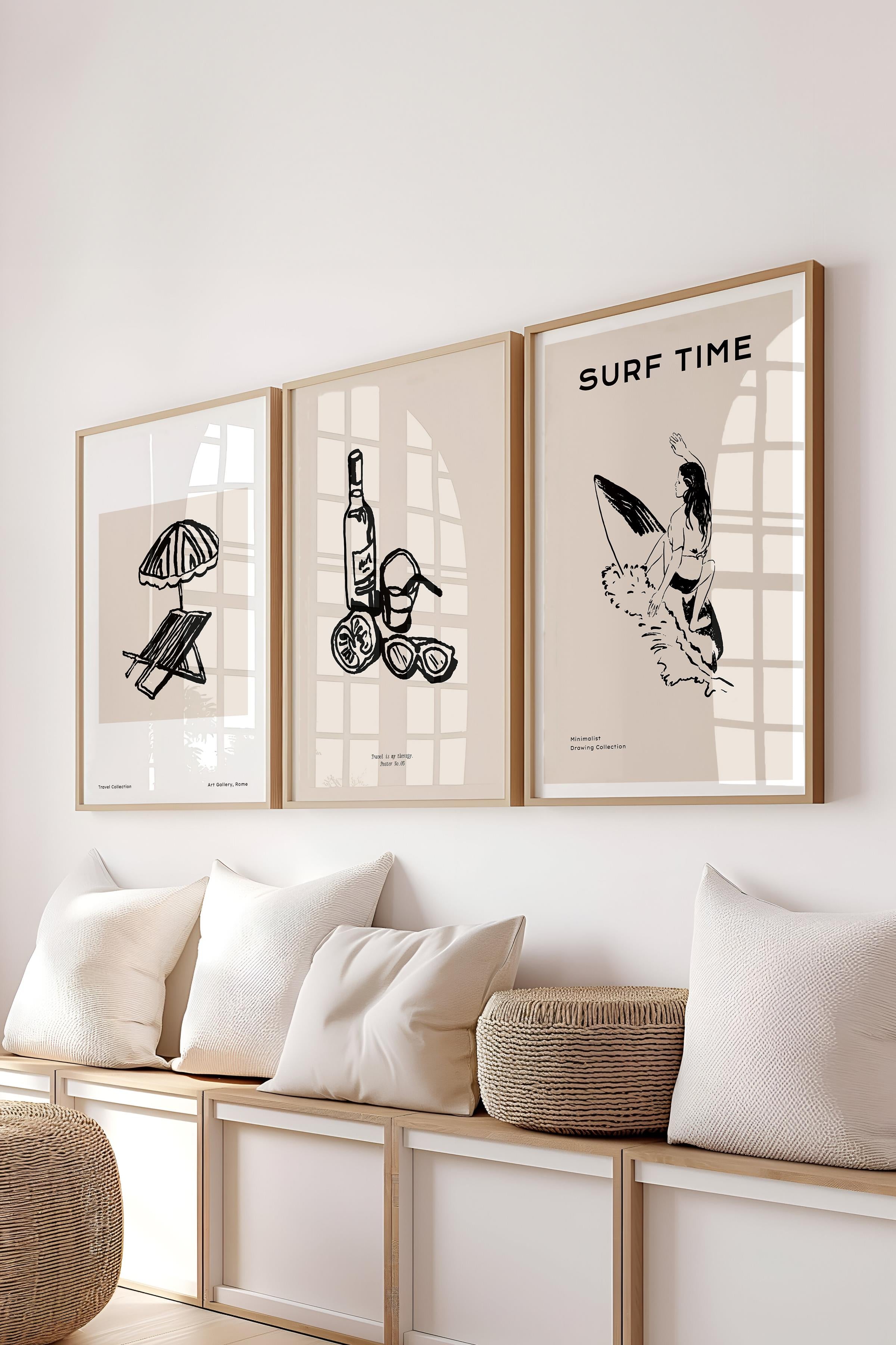 Çerçeveli Tablo Seti, 3 Adet Ahşap Çerçeve ve Minimalist Çizim Temalı Poster Seti, No:300523