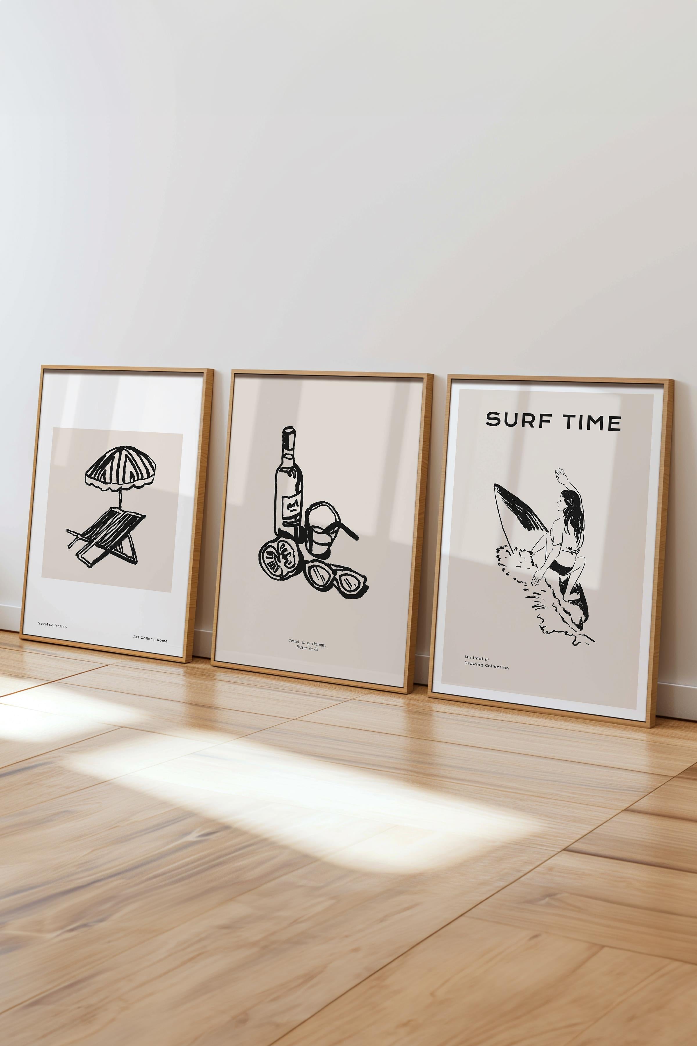 Çerçeveli Tablo Seti, 3 Adet Ahşap Çerçeve ve Minimalist Çizim Temalı Poster Seti, No:300523