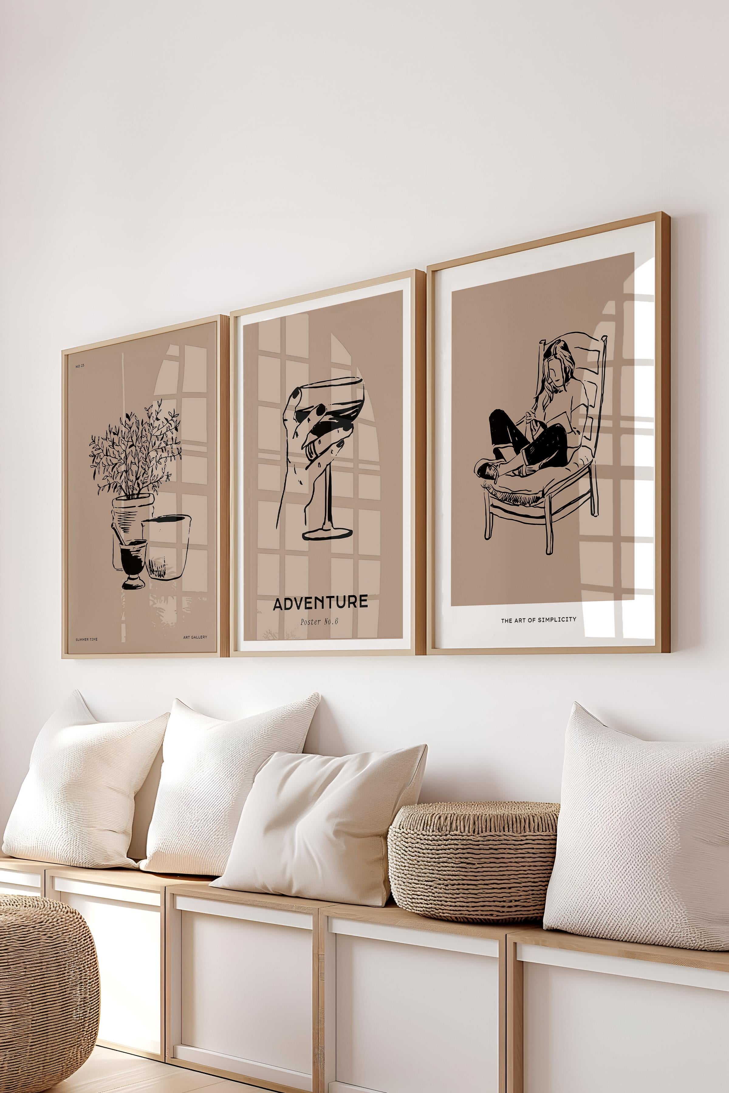 Çerçeveli Tablo Seti, 3 Adet Ahşap Çerçeve ve Minimalist Çizim Temalı Poster Seti, No:300524