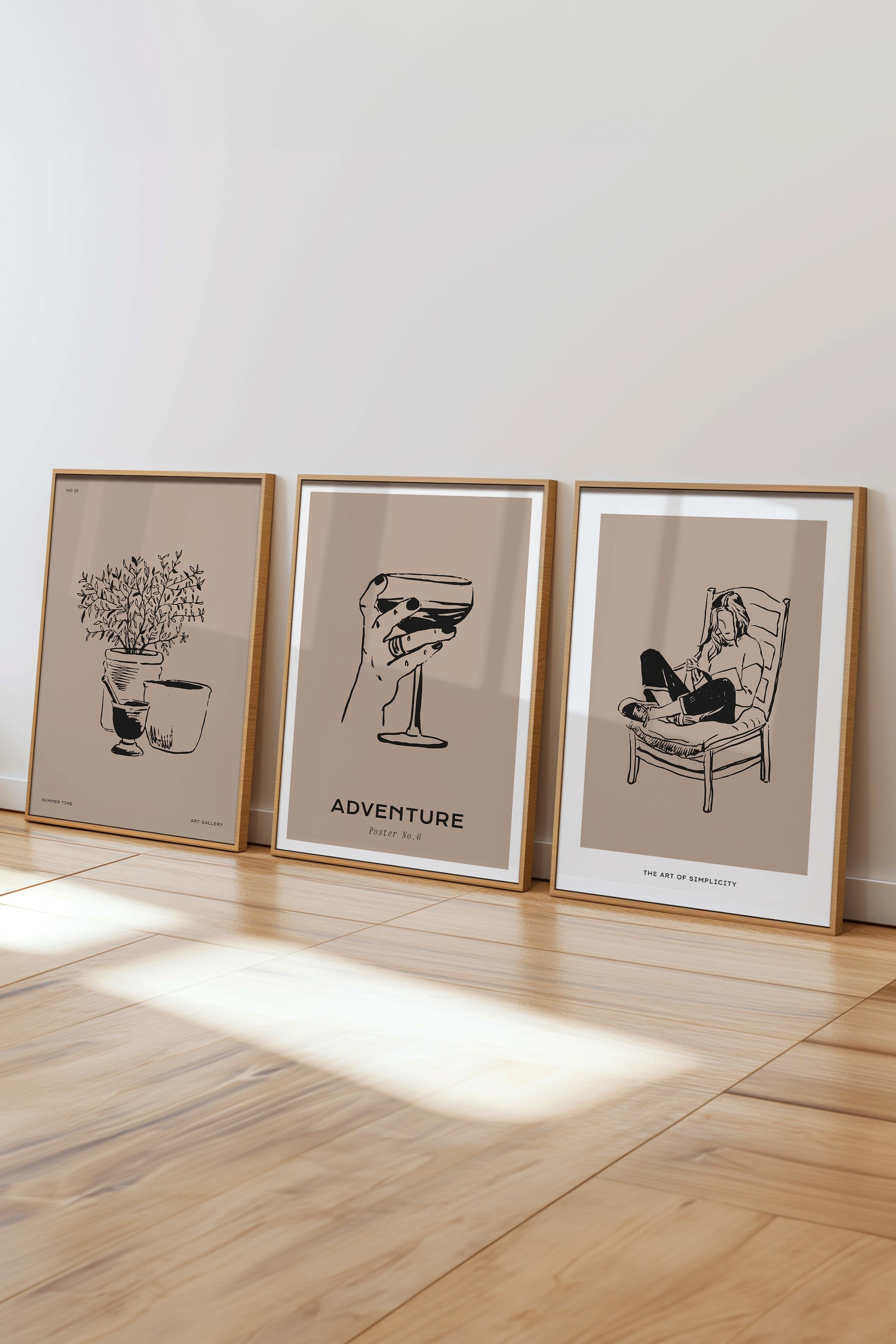 Çerçeveli Tablo Seti, 3 Adet Ahşap Çerçeve ve Minimalist Çizim Temalı Poster Seti, No:300524