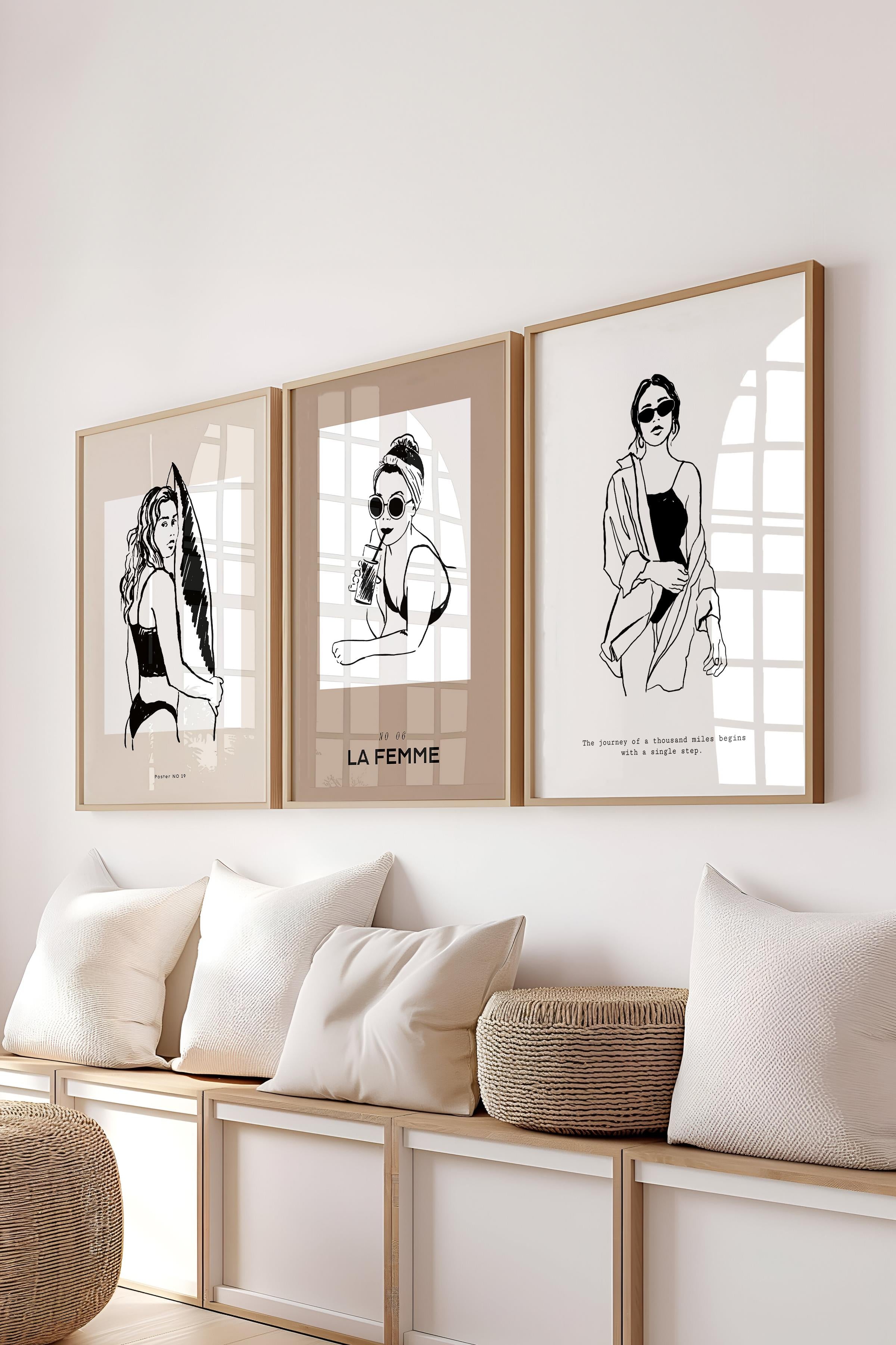 Çerçeveli Tablo Seti, 3 Adet Ahşap Çerçeve ve Minimalist Çizim Temalı Poster Seti, No:300525