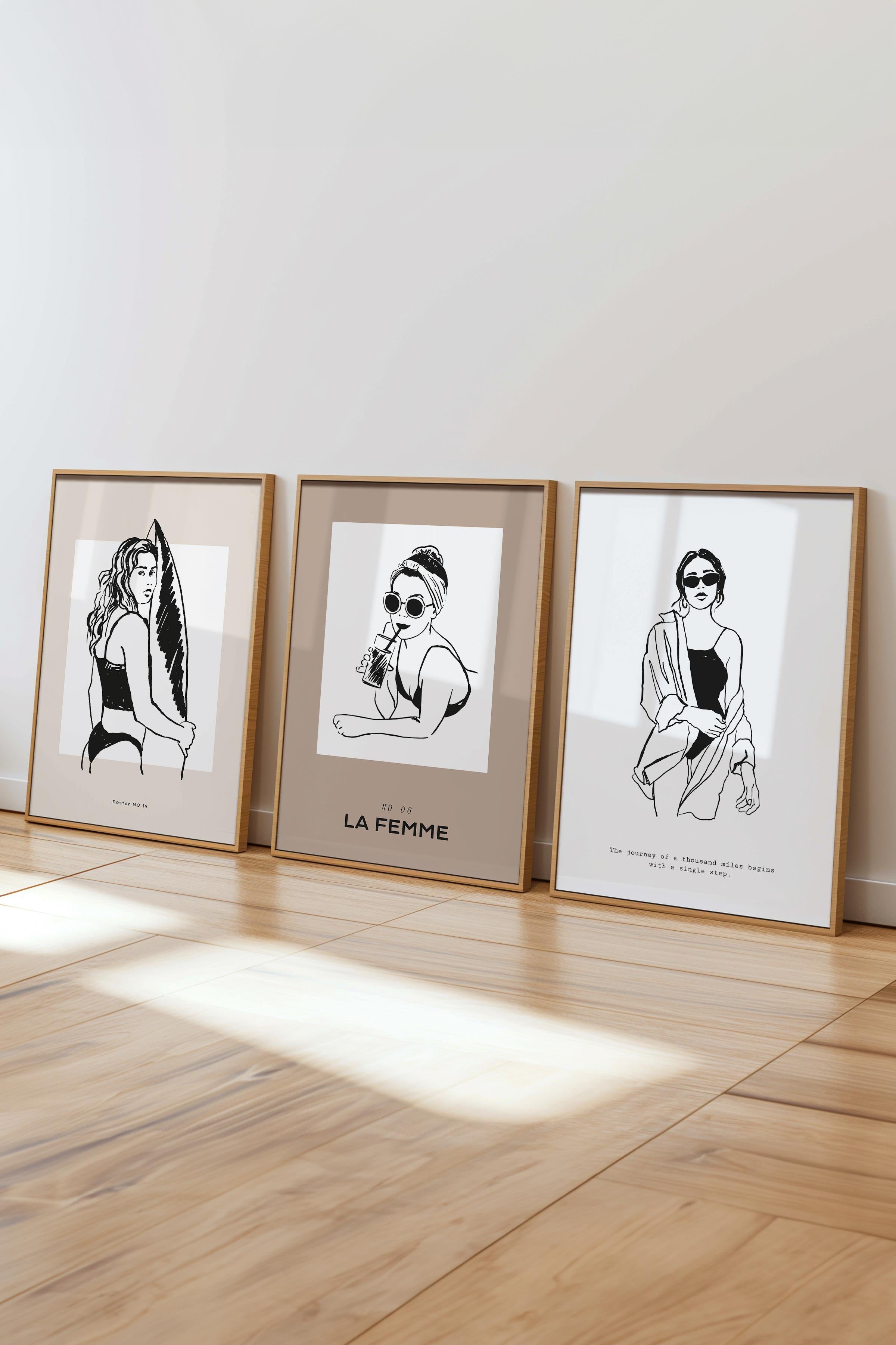 Çerçeveli Tablo Seti, 3 Adet Ahşap Çerçeve ve Minimalist Çizim Temalı Poster Seti, No:300525