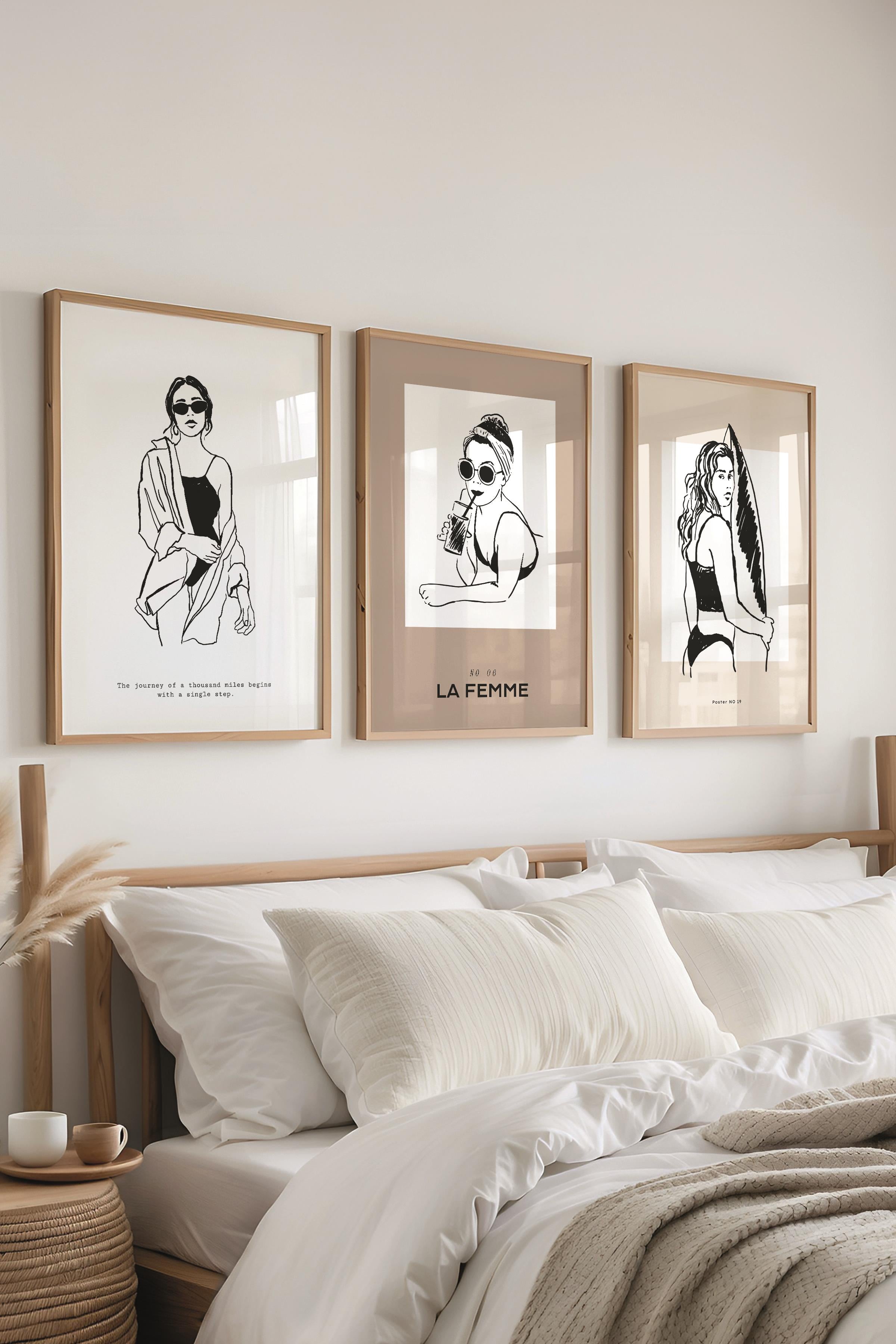 Çerçeveli Tablo Seti, 3 Adet Ahşap Çerçeve ve Minimalist Çizim Temalı Poster Seti, No:300525