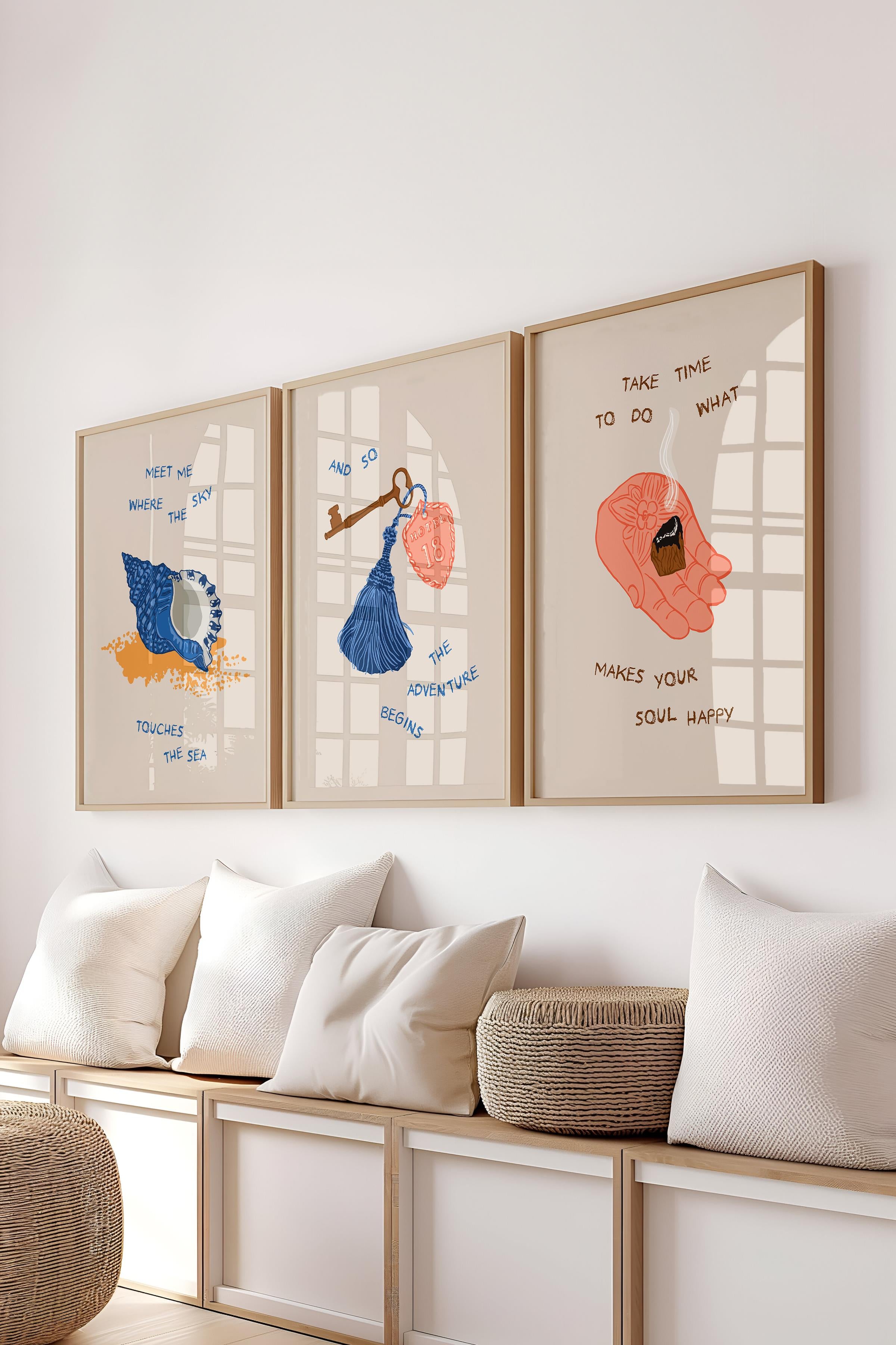 Çerçeveli Tablo Seti, 3 Adet Ahşap Çerçeve ve Minimalist Çizim Temalı Poster Seti, No:300526