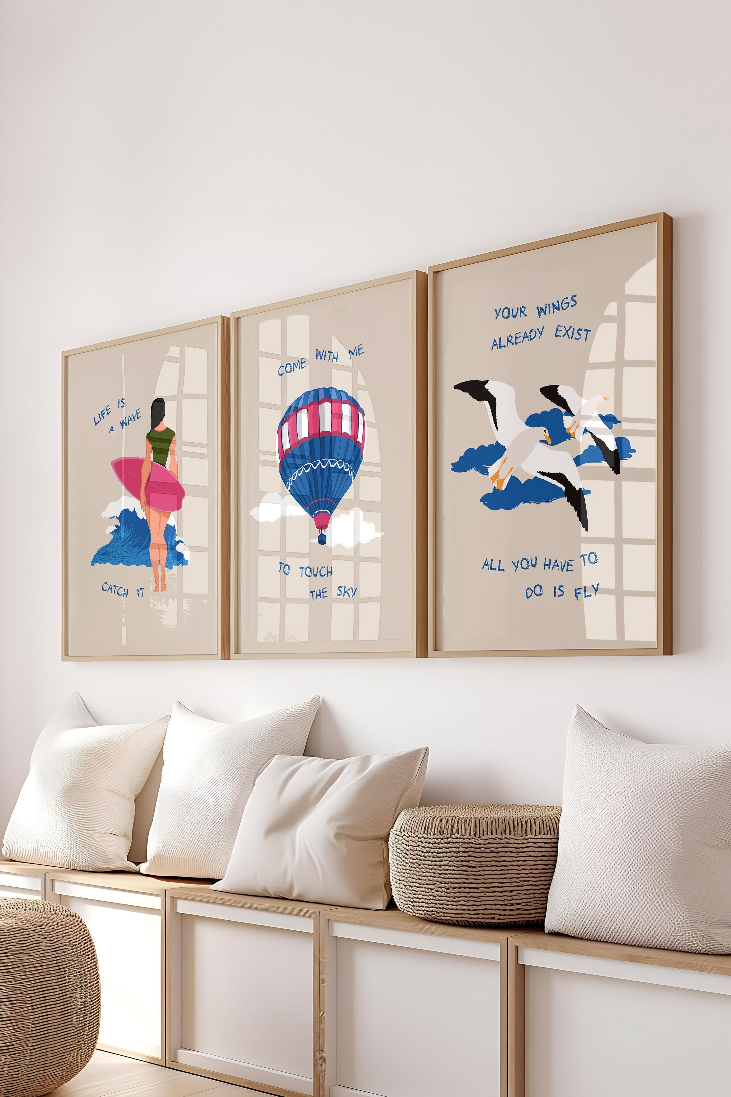 Çerçeveli Tablo Seti, 3 Adet Ahşap Çerçeve ve Minimalist Çizim Temalı Poster Seti, No:300529