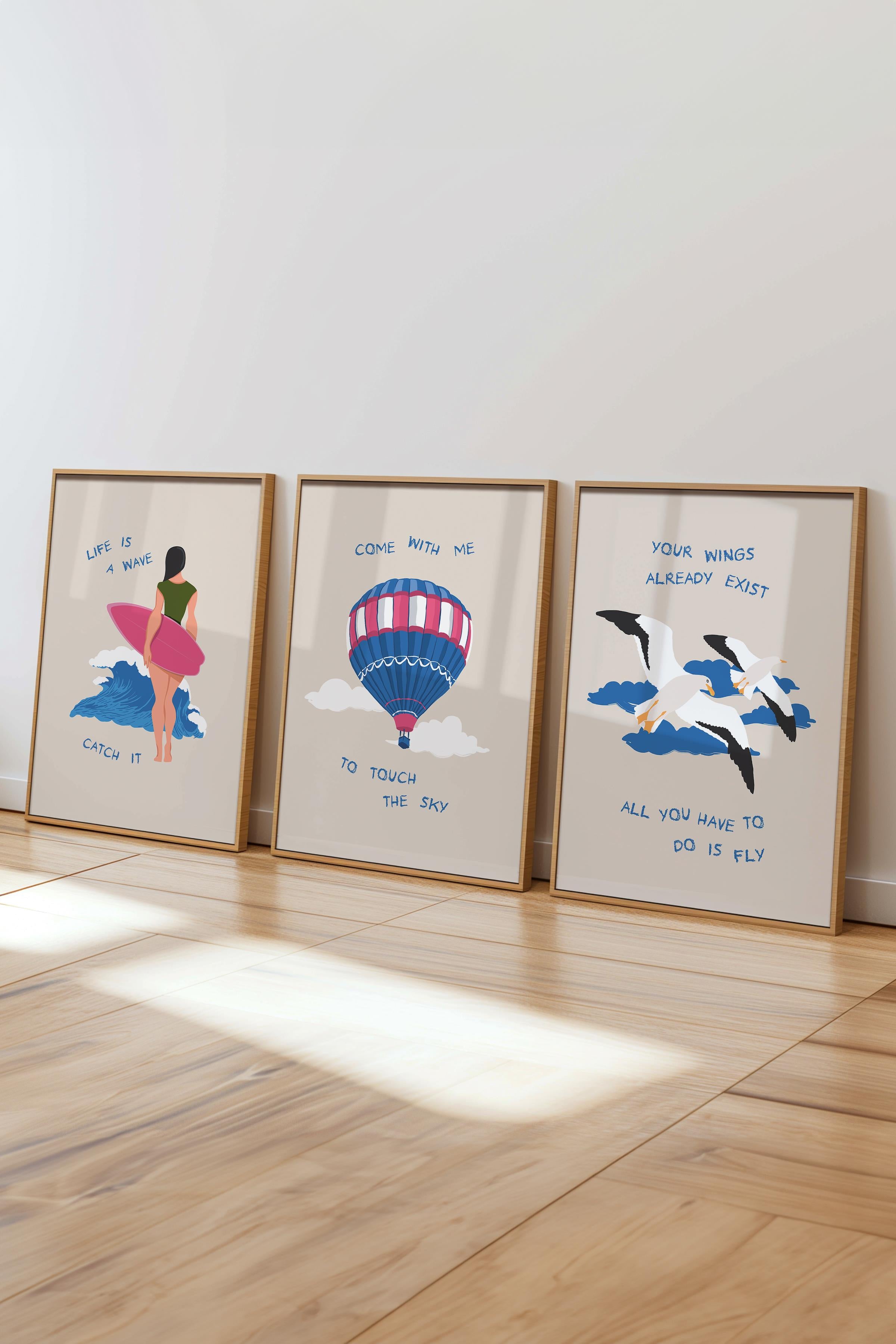 Çerçeveli Tablo Seti, 3 Adet Ahşap Çerçeve ve Minimalist Çizim Temalı Poster Seti, No:300529