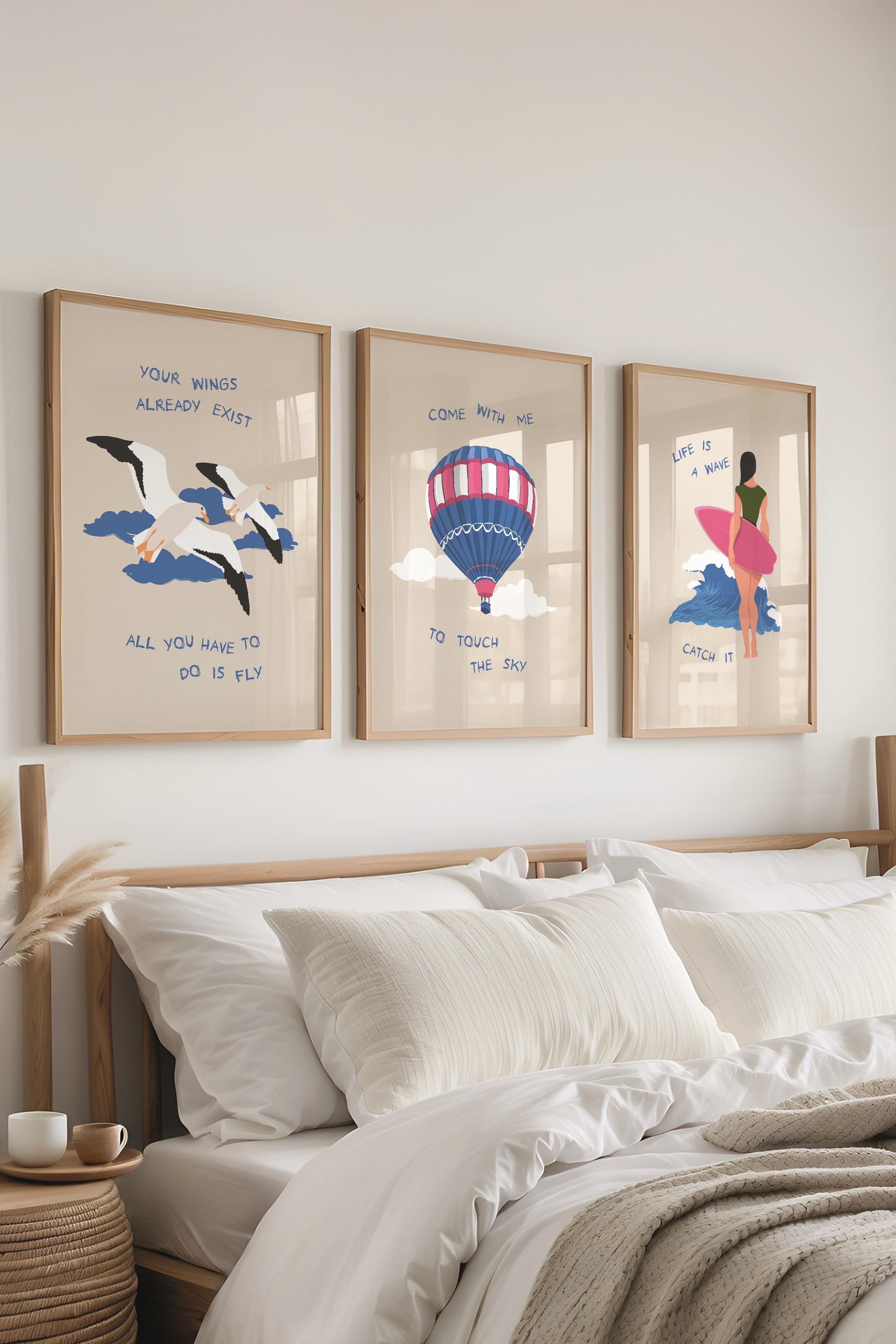 Çerçeveli Tablo Seti, 3 Adet Ahşap Çerçeve ve Minimalist Çizim Temalı Poster Seti, No:300529