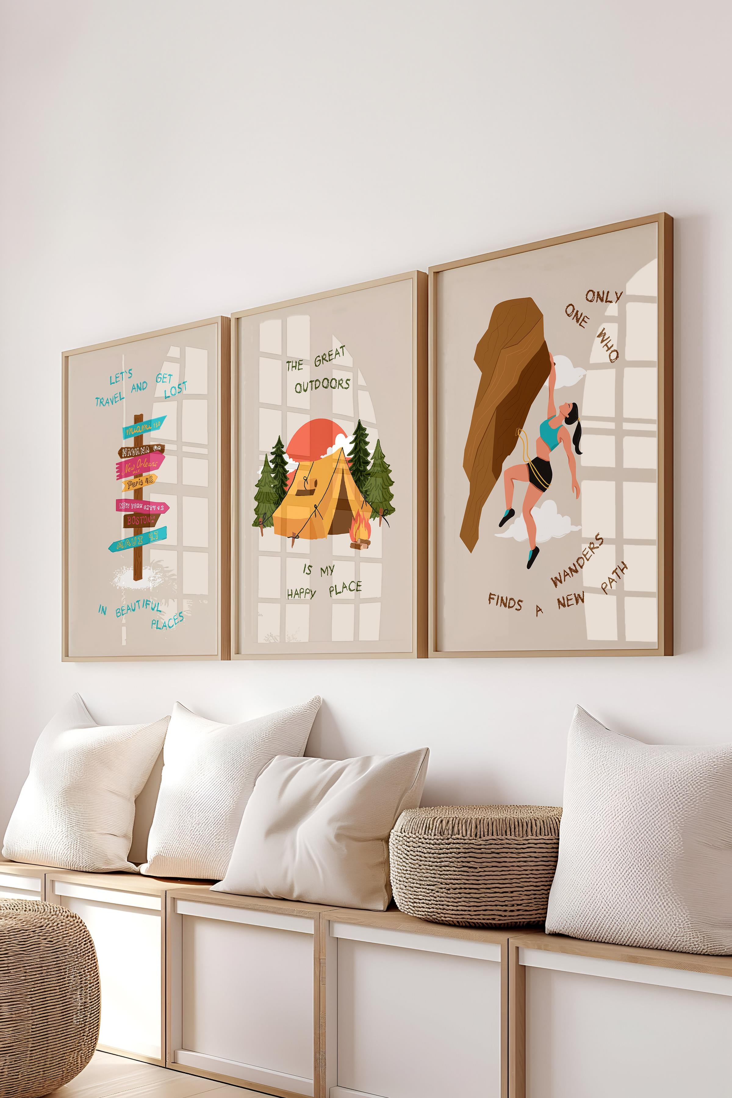 Çerçeveli Tablo Seti, 3 Adet Ahşap Çerçeve ve Minimalist Çizim Temalı Poster Seti, No:300530