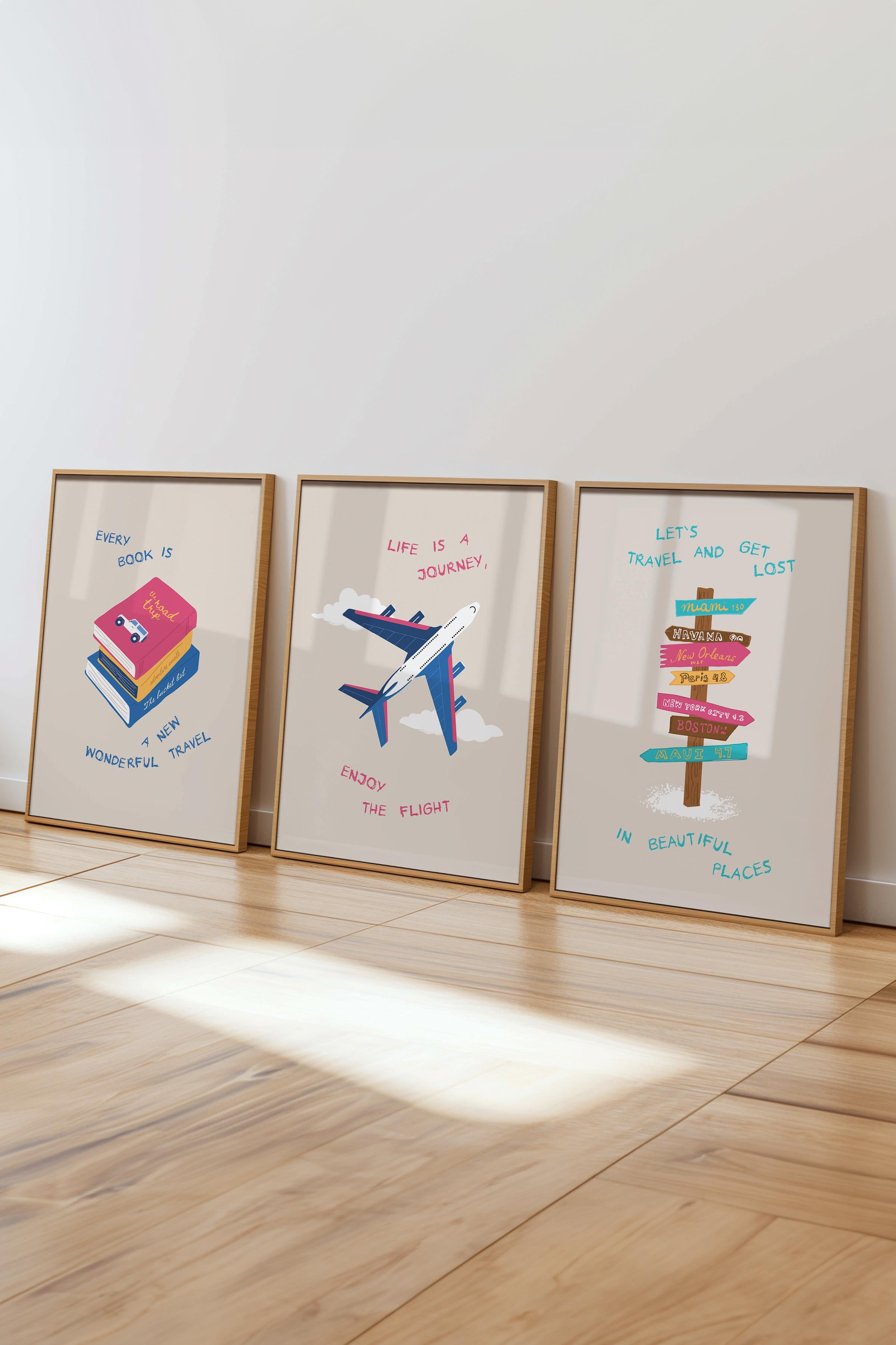 Çerçeveli Tablo Seti, 3 Adet Ahşap Çerçeve ve Minimalist Çizim Temalı Poster Seti, No:300534