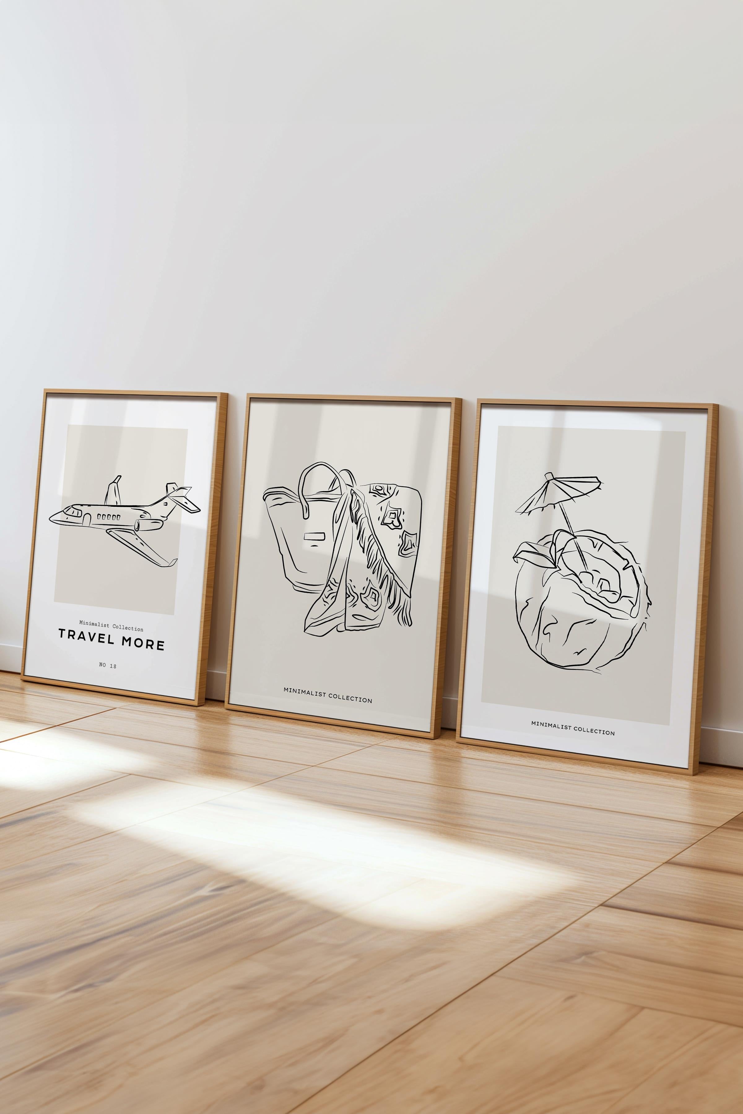 Çerçeveli Tablo Seti, 3 Adet Ahşap Çerçeve ve Minimalist Çizim Temalı Poster Seti, No:300540